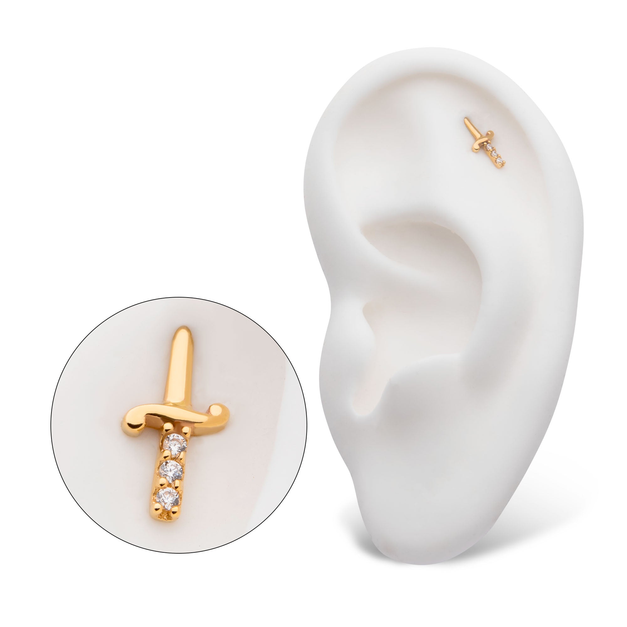 14kt Yellow Gold Threadless Dagger with 3-CZ Gem Handle Top