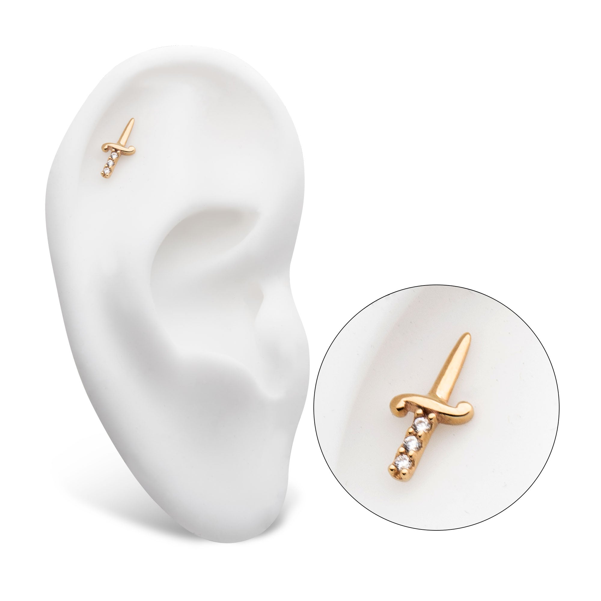 14kt Yellow Gold Threadless Dagger with 3-CZ Gem Handle Top