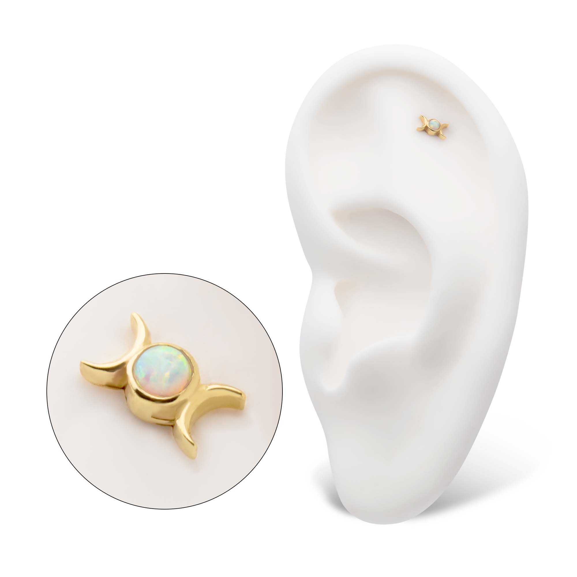 14kt Yellow Gold Threadless Bezel White Opal Triple Goddess Moon Top