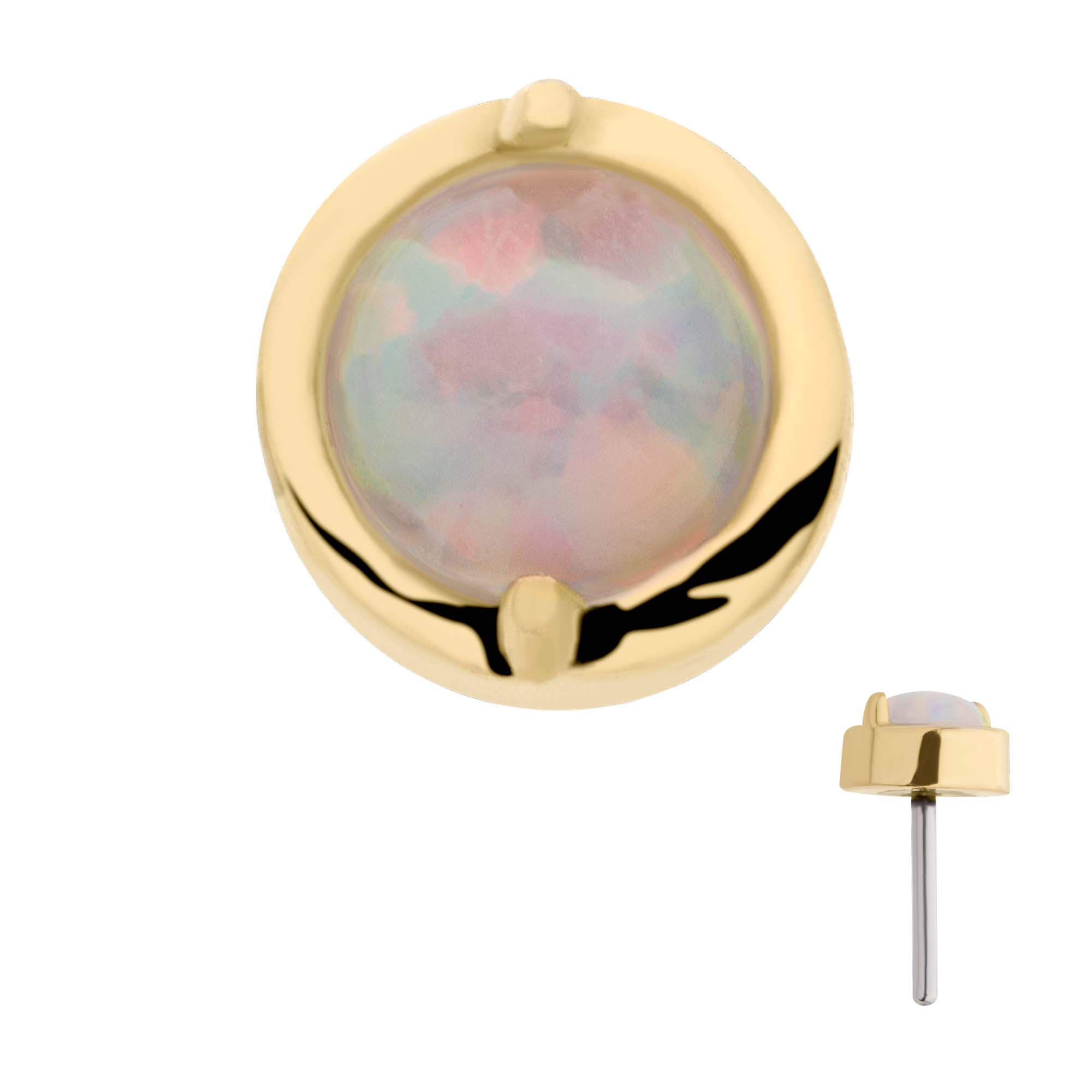 14kt Yellow Gold Threadless 2-Prong Set White Opal Round Top