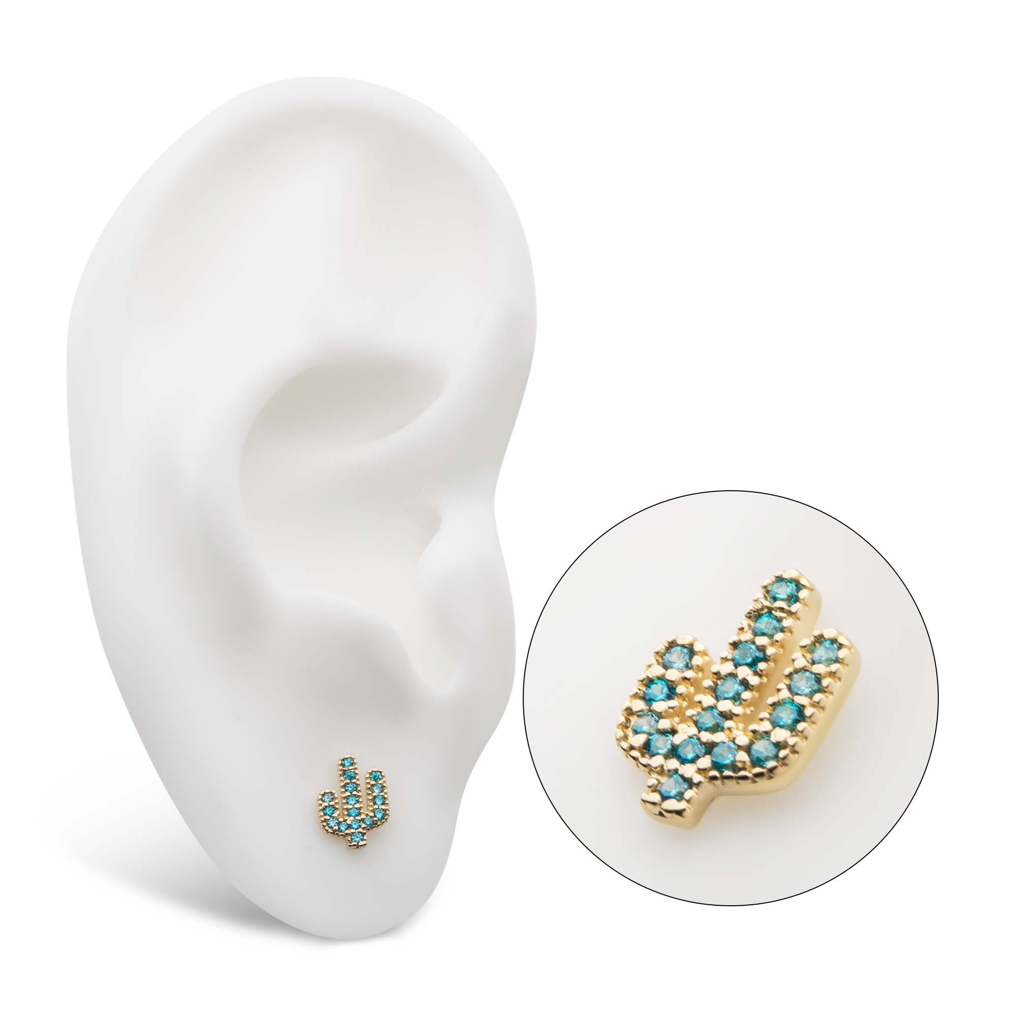 14kt Yellow Gold Threadless Aqua CZ Cactus Top