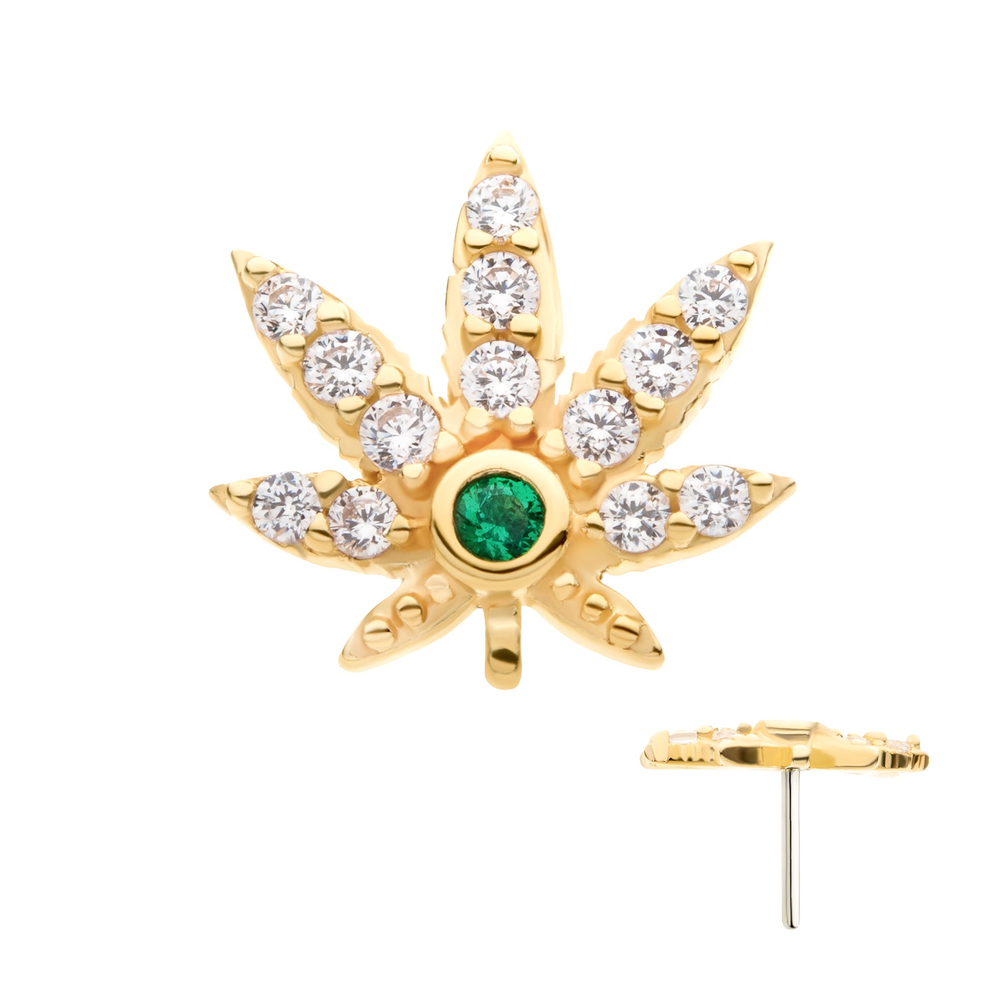 14kt Yellow Gold Threadless Clear & Emerald CZ Pot Leaf Top