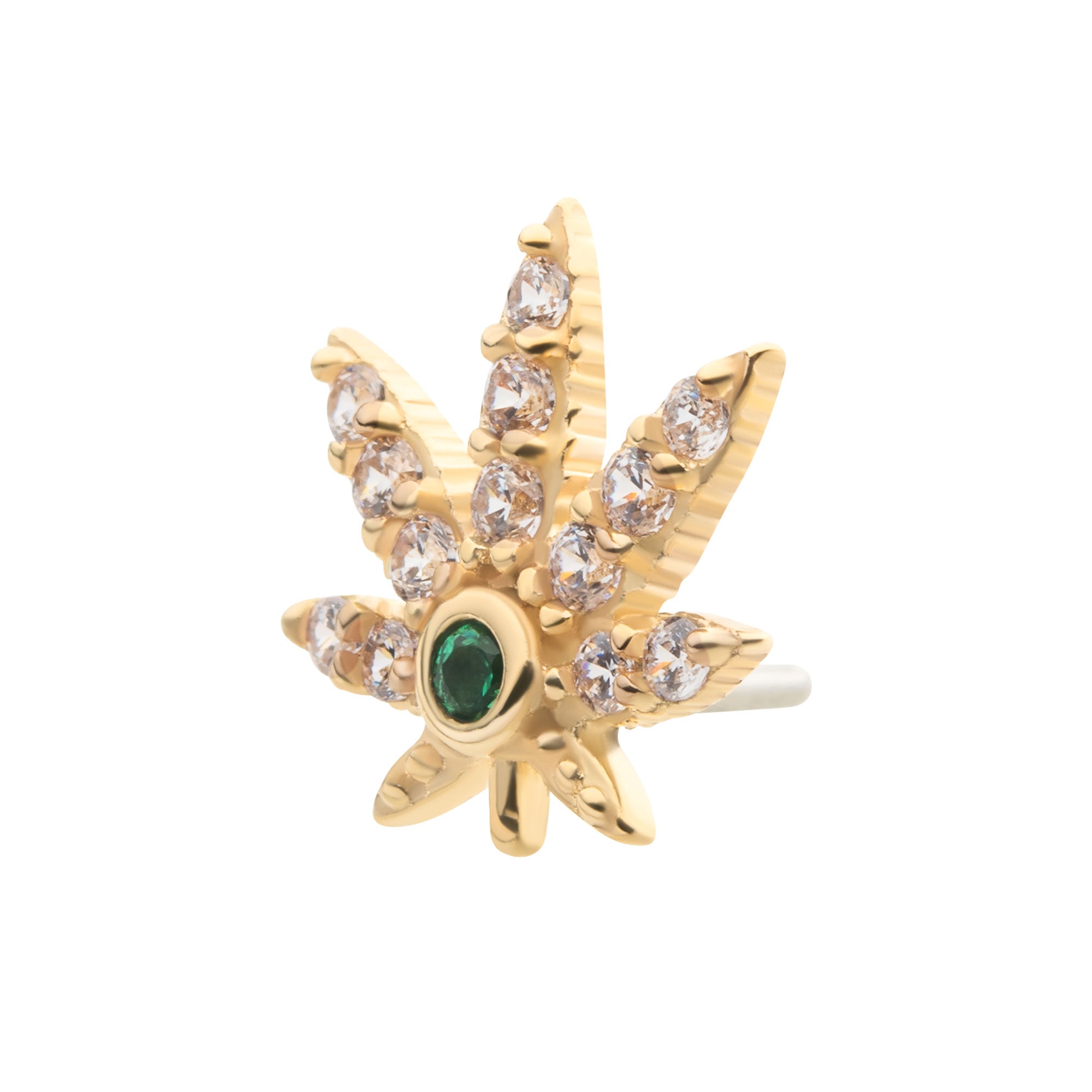 14kt Yellow Gold Threadless Clear & Emerald CZ Pot Leaf Top
