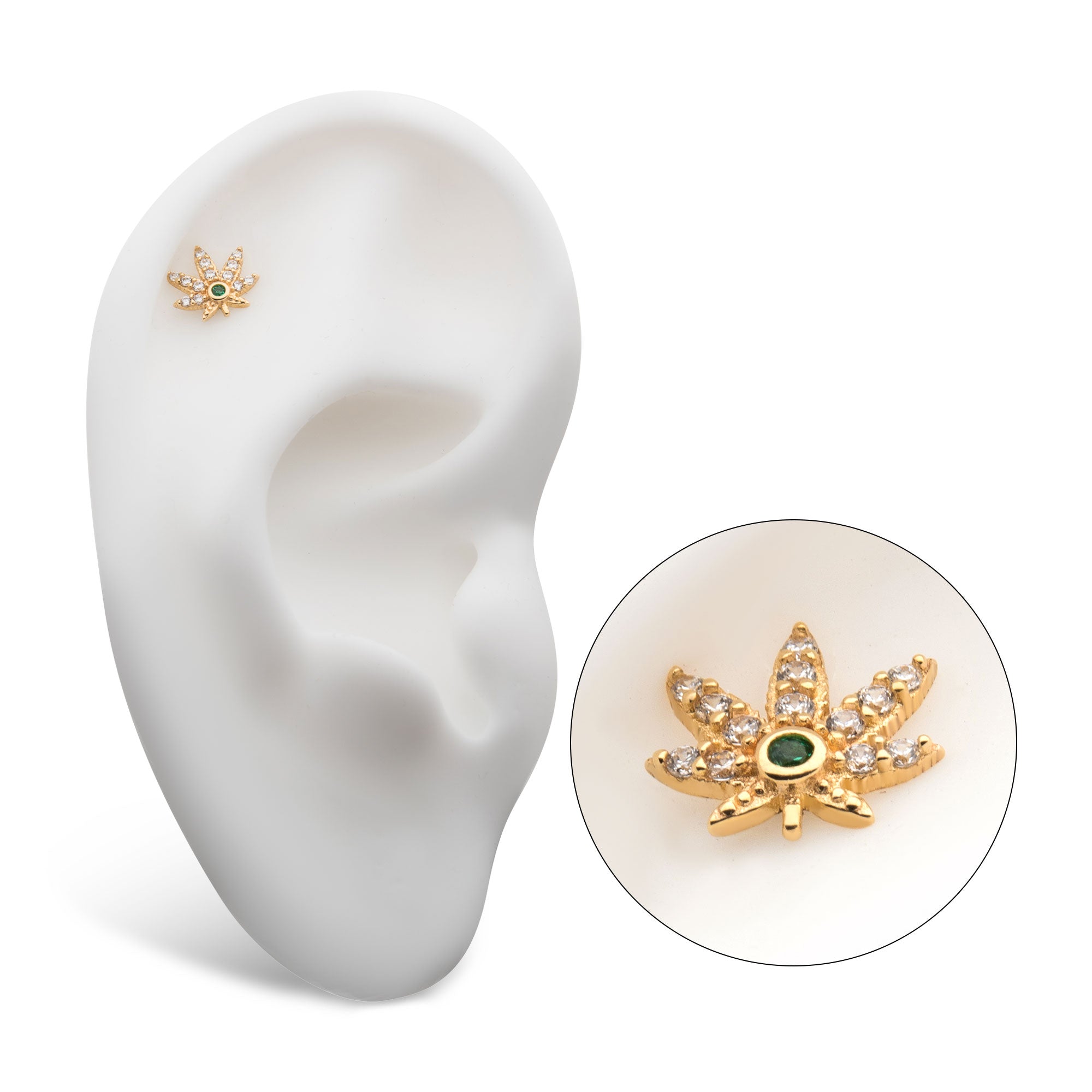 14kt Yellow Gold Threadless Clear & Emerald CZ Pot Leaf Top