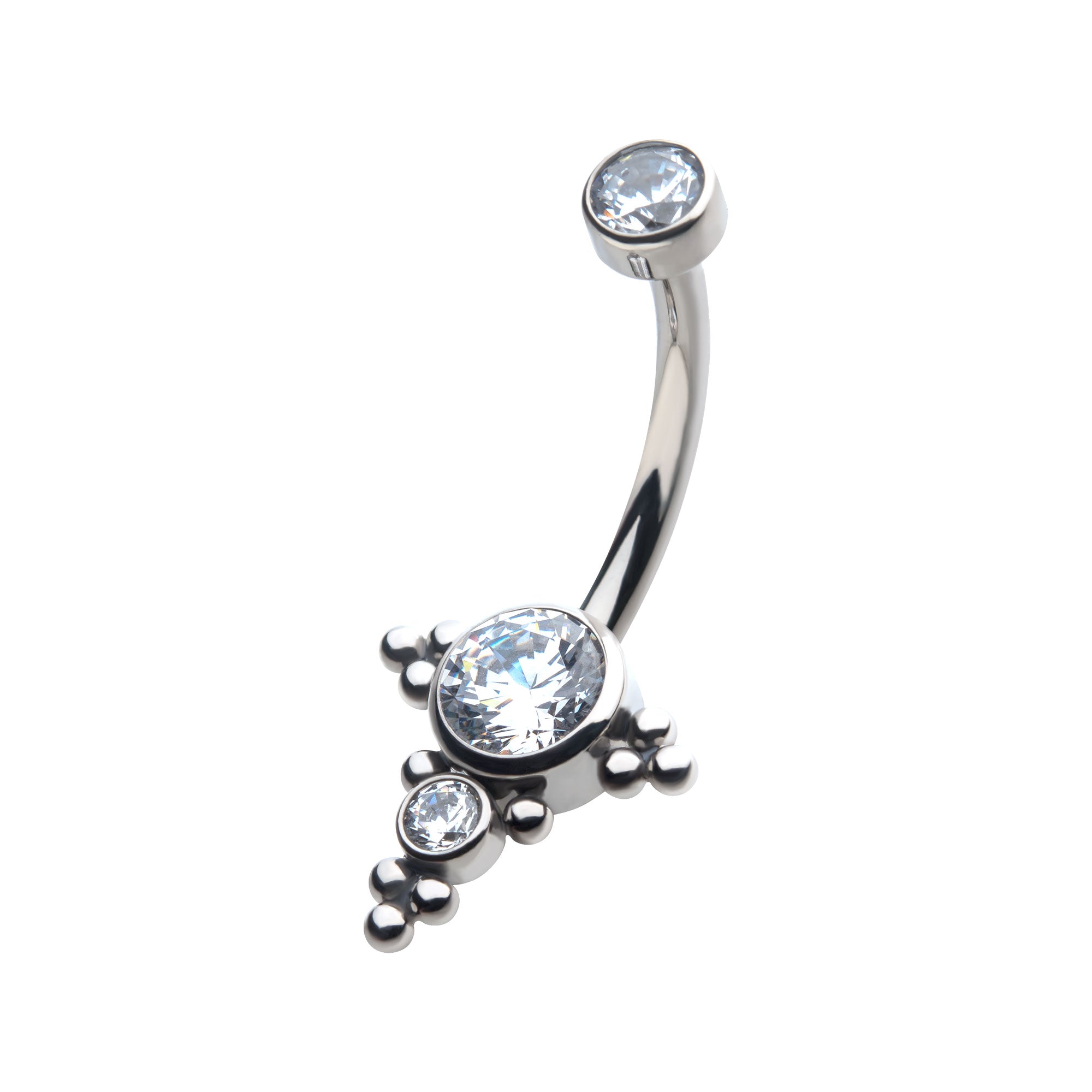 Titanium Internally Threaded with Multi Tri Beads Bezel Set CZ Cluster Navel Curve