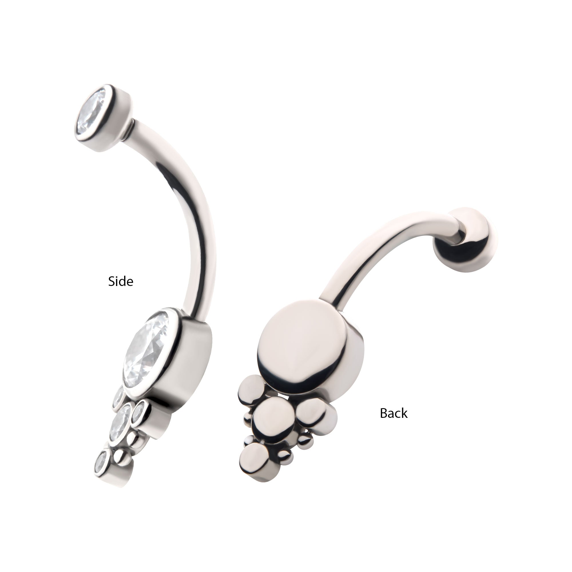 Titanium Internally Threaded with Beaded Bezel Set CZ Terraced Cluster Navel Curve