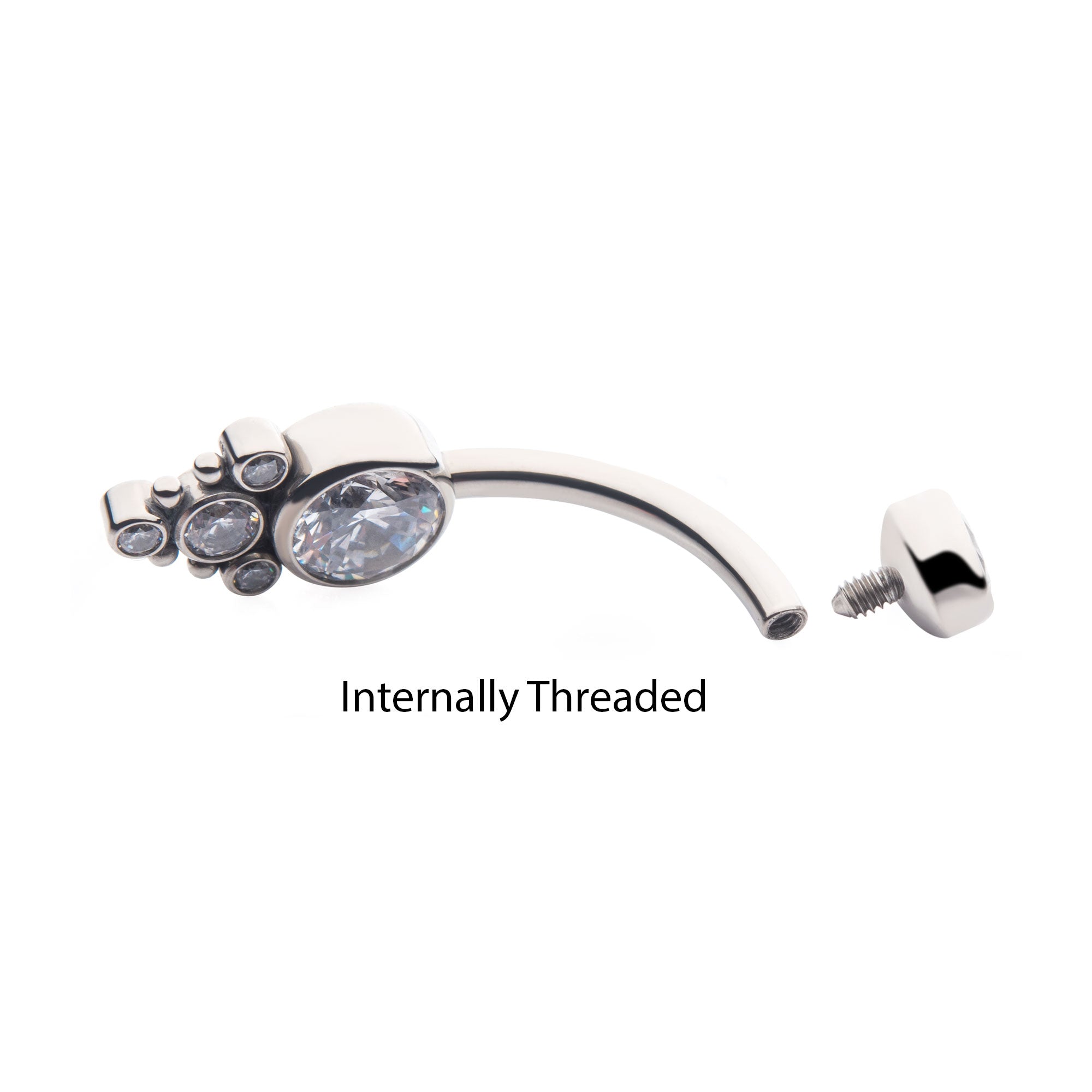 Titanium Internally Threaded with Beaded Bezel Set CZ Terraced Cluster Navel Curve
