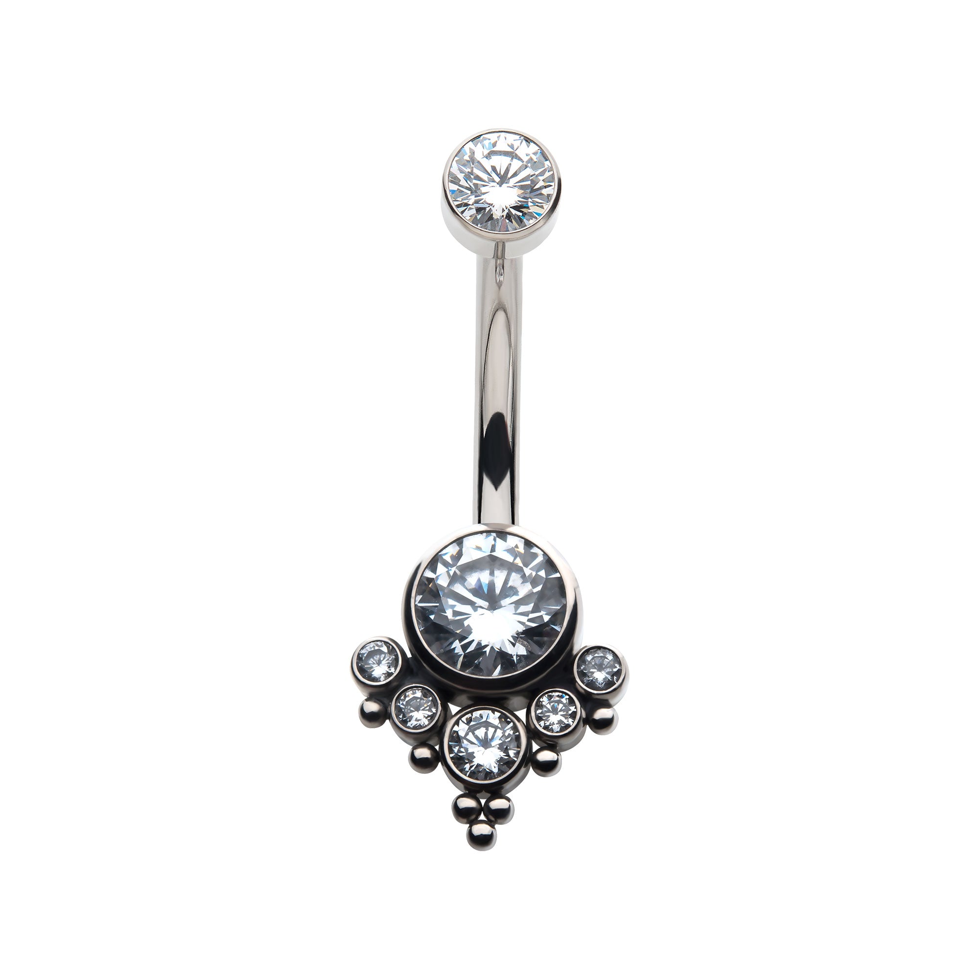 Titanium Internally Threaded with Tri Bead Bezel Set CZ Terraced Cluster Navel Curve
