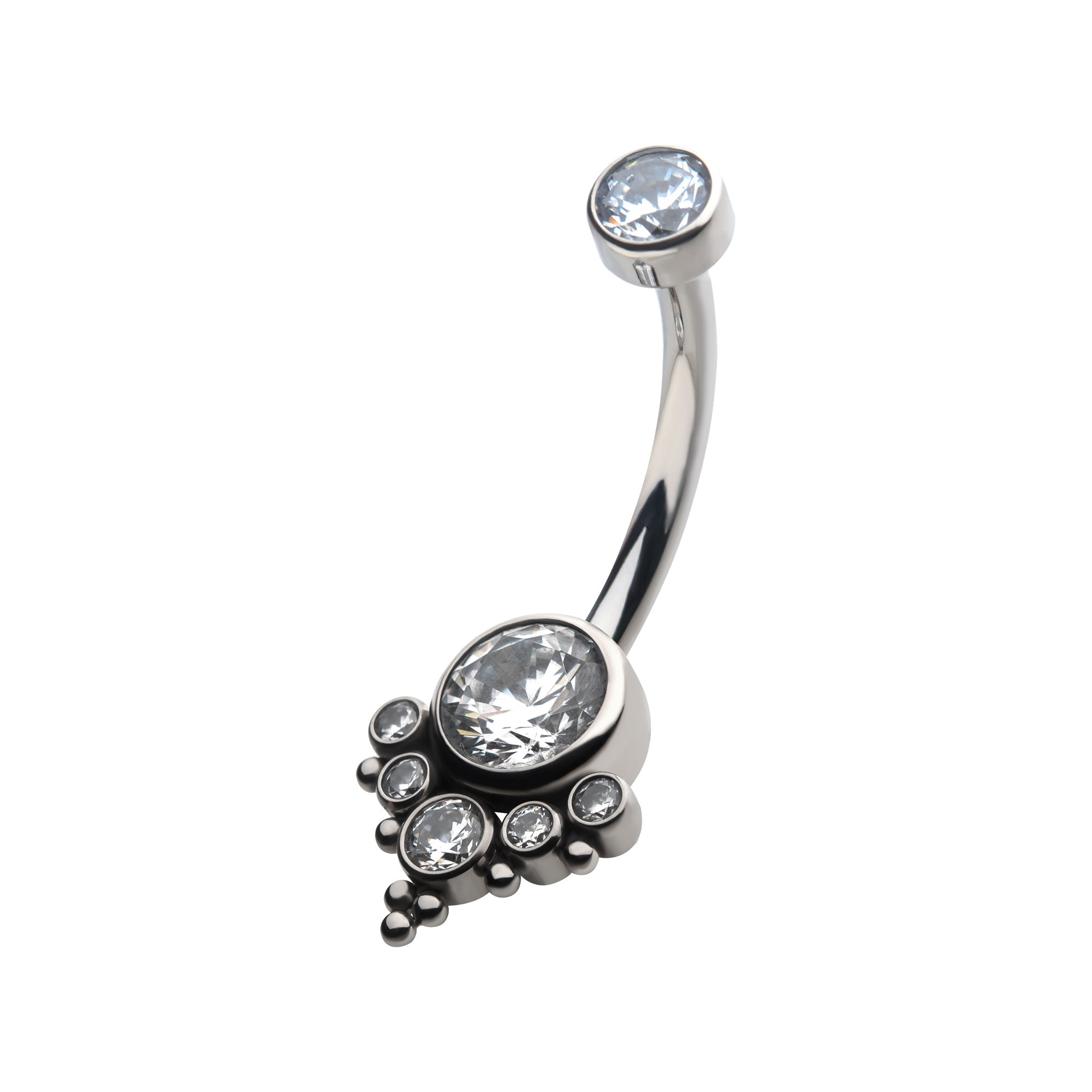 Titanium Internally Threaded with Tri Bead Bezel Set CZ Terraced Cluster Navel Curve