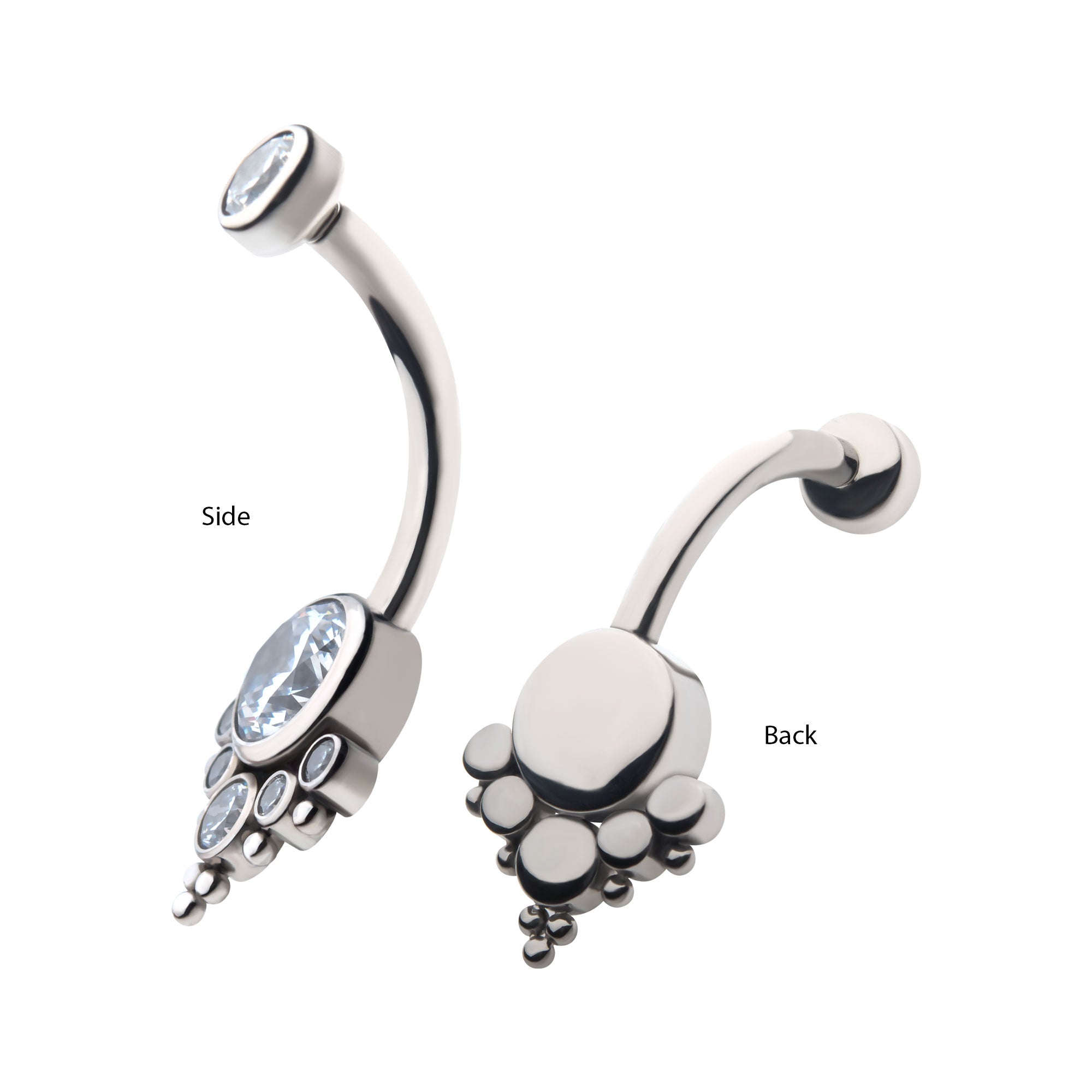 Titanium Internally Threaded with Tri Bead Bezel Set CZ Terraced Cluster Navel Curve