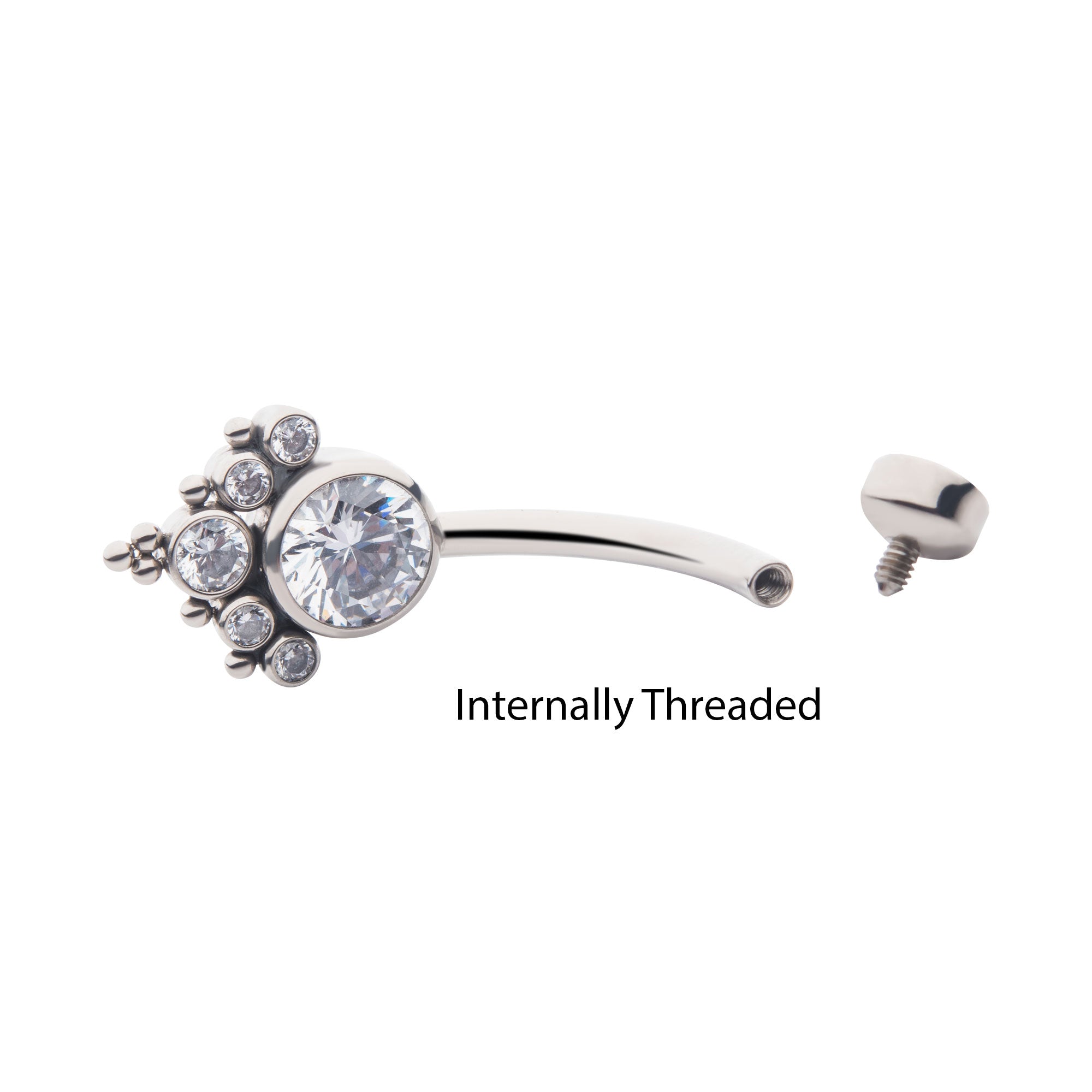 Titanium Internally Threaded with Tri Bead Bezel Set CZ Terraced Cluster Navel Curve
