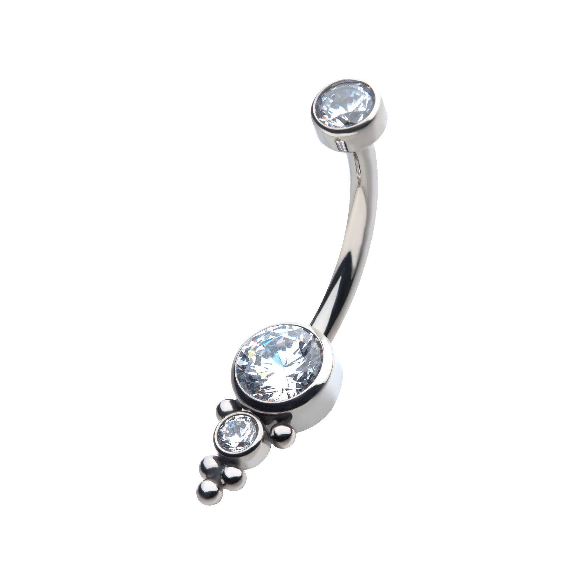 Titanium Internally Threaded with Tri Bead Bezel Set CZ Cluster Navel Curve