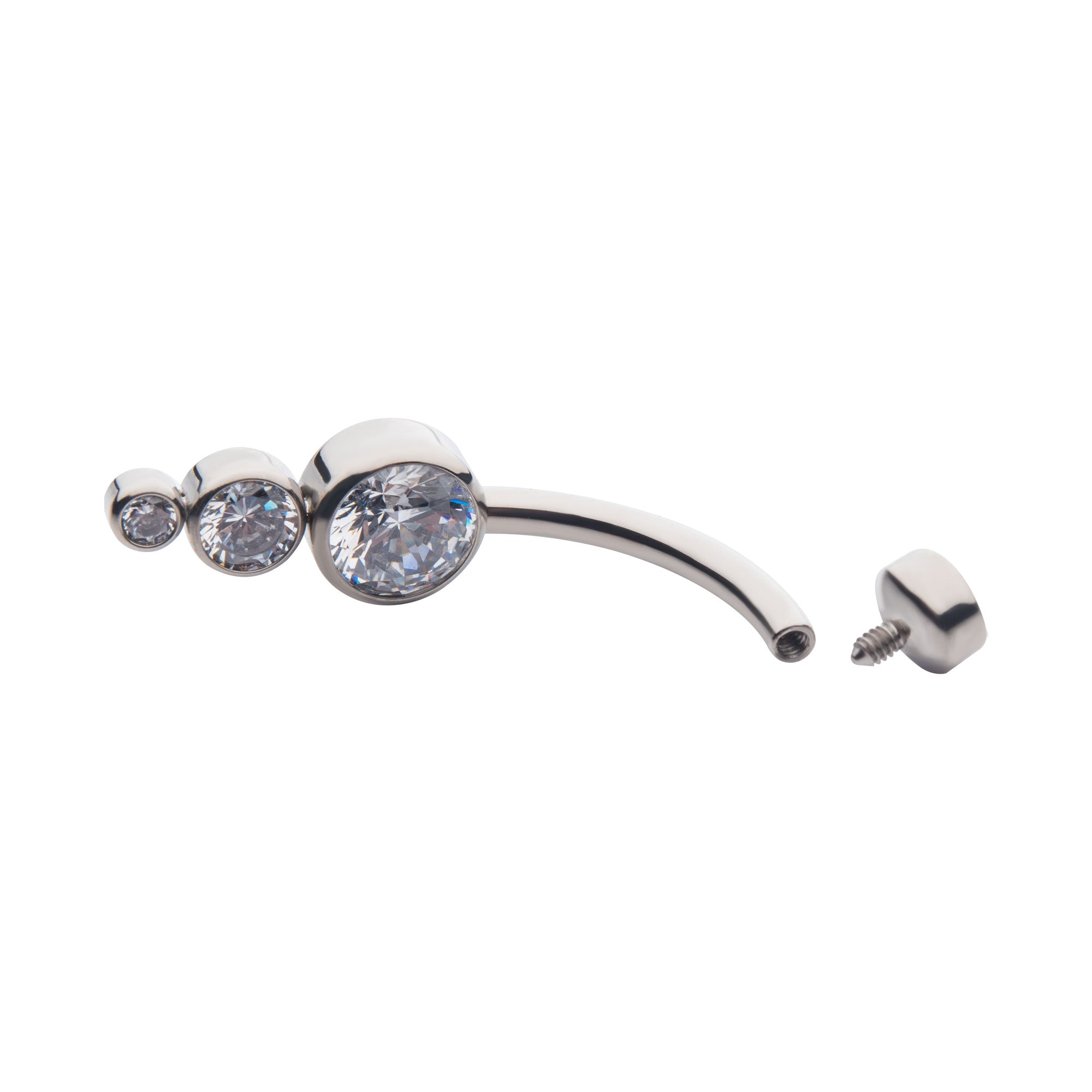 Titanium Internally Threaded with Bezel Set CZ 3-Drop Cluster Navel Curve