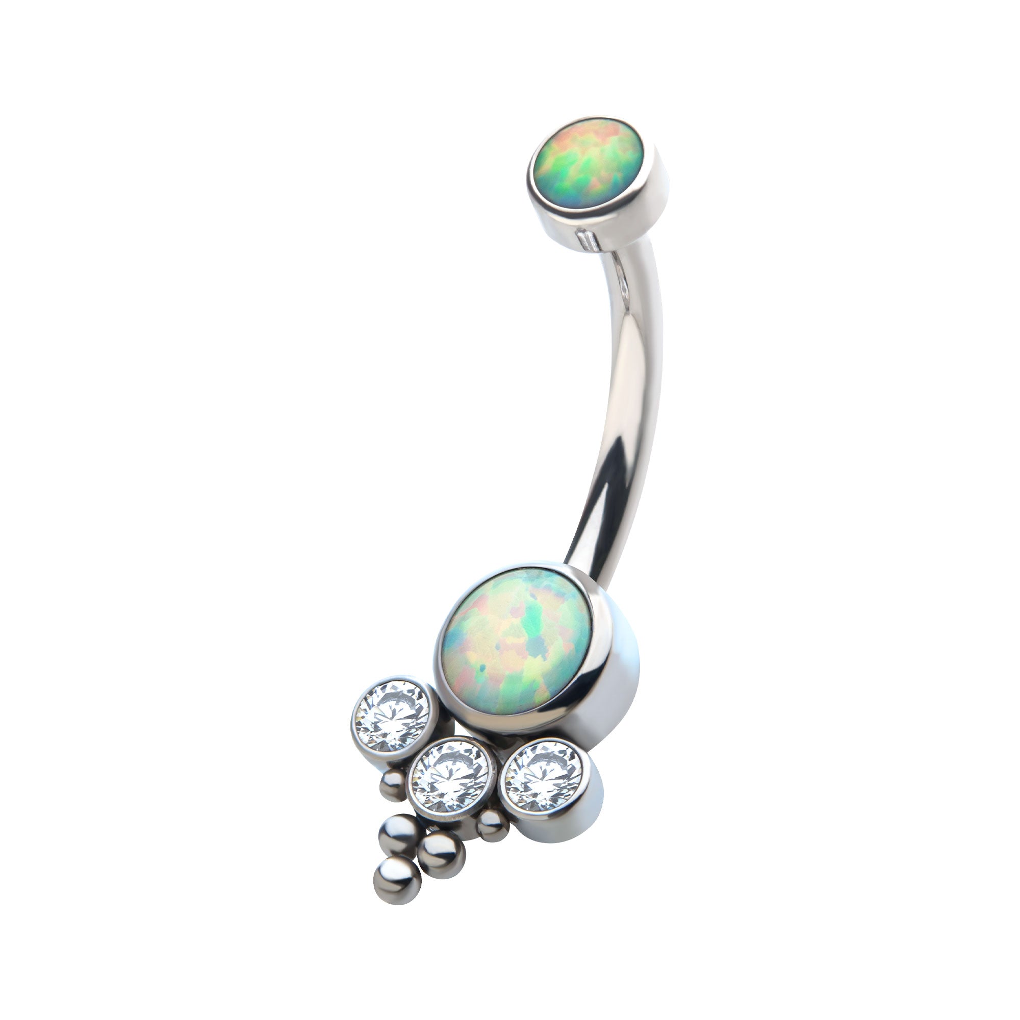 Titanium Internally Threaded with Tri Bead Bezel Set Opal & CZ Terraced Cluster Navel Curve