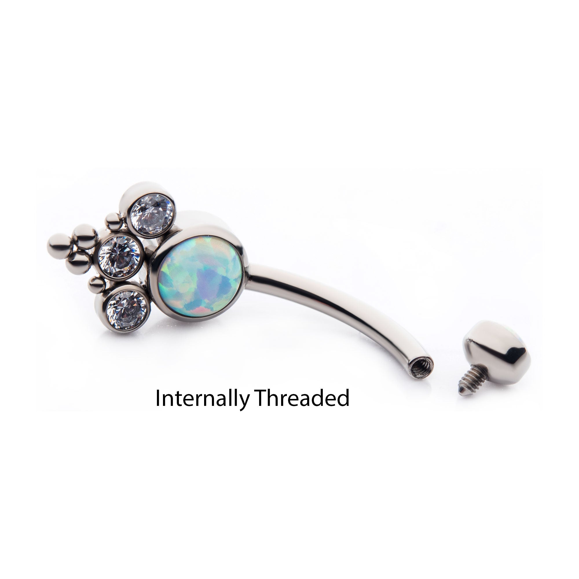 Titanium Internally Threaded with Tri Bead Bezel Set Opal & CZ Terraced Cluster Navel Curve