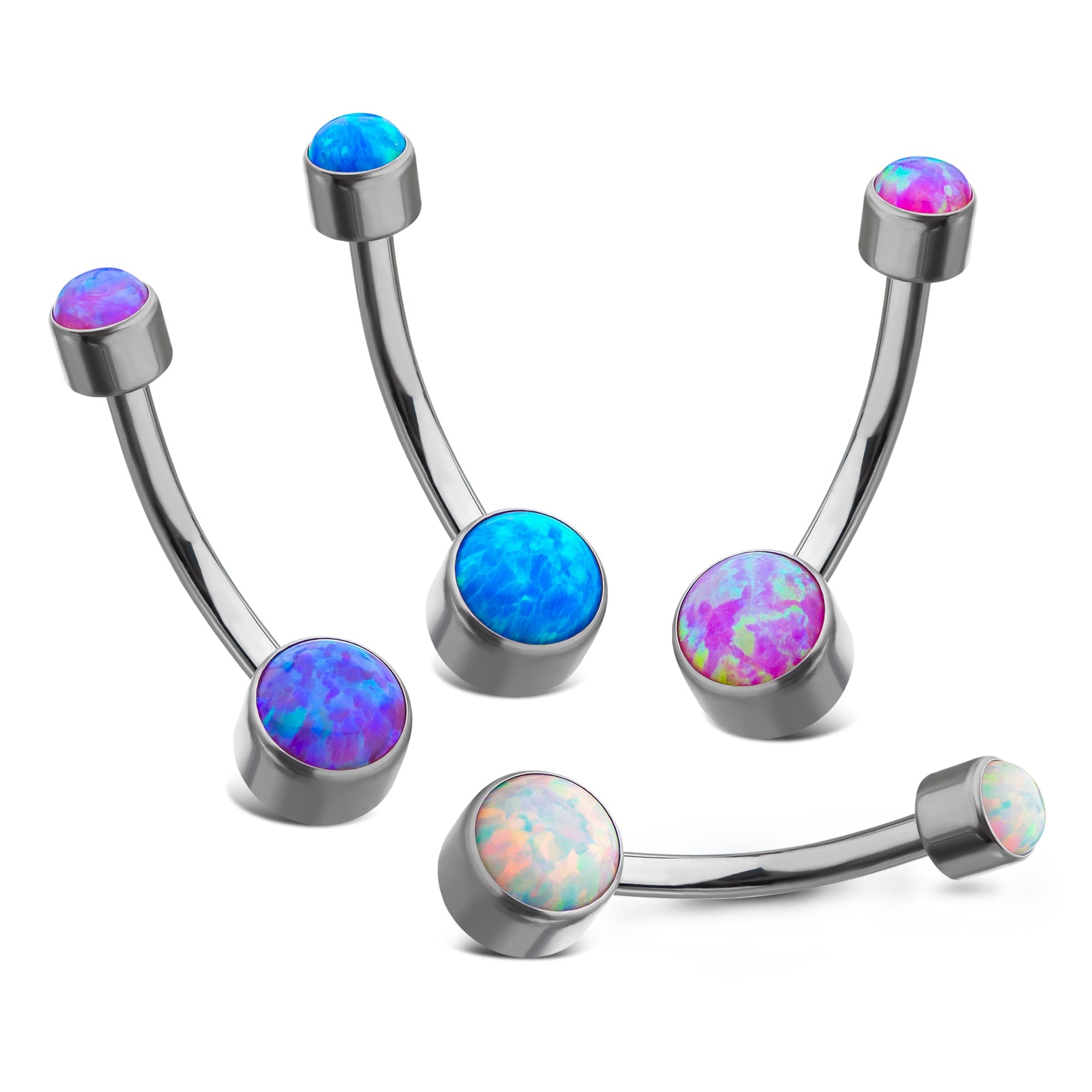 Titanium Internally Threaded with Flat Back Round Bezel Set Double Synthetic Opal Navel Curves