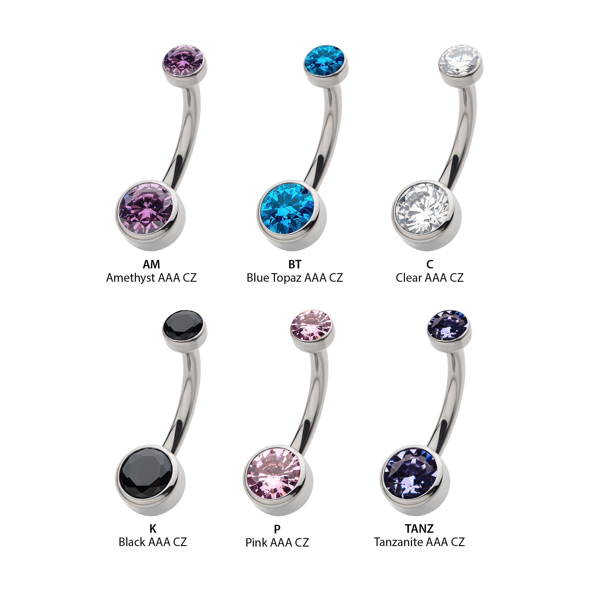 Titanium Internally Threaded with Bezel Set Double CZ Smooth Rounded Back Navel Curves