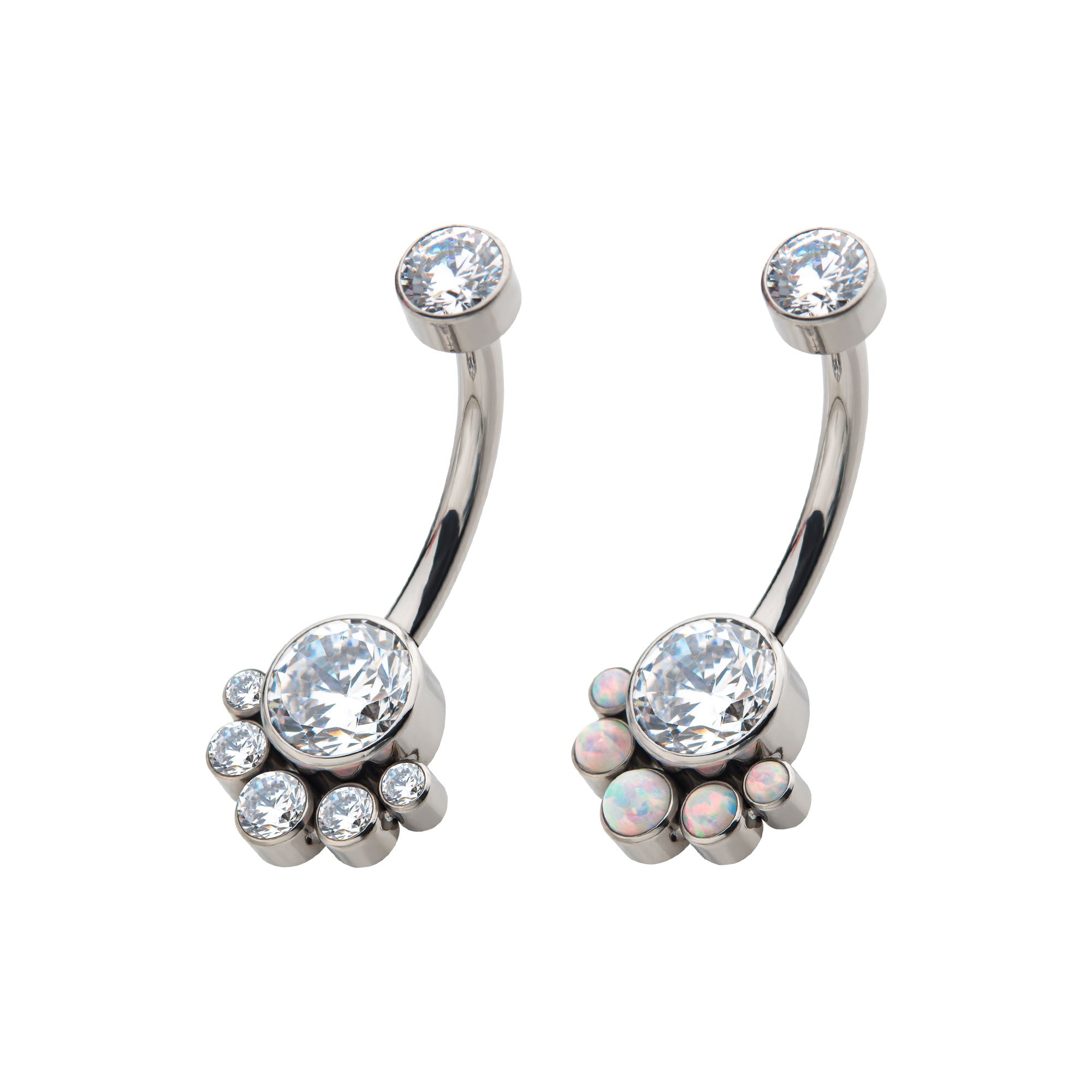 Titanium Internally Threaded with 5pcs Bezel Set Round CZ/Synthetic Opal Terraced Cluster Fixed Navel