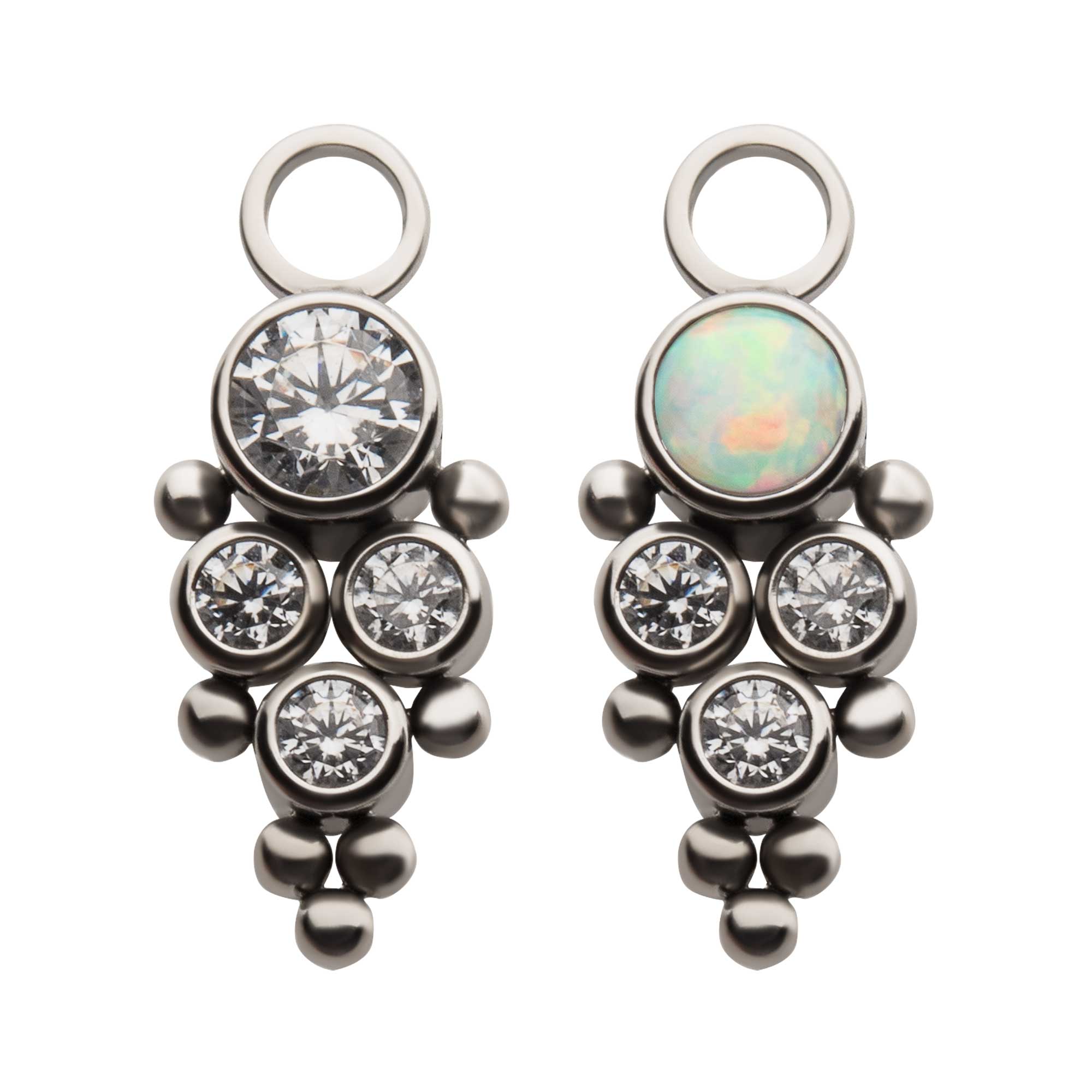 Titanium with Bezel Set CZ/Synthetic Opal & Trinity Ball Edge 4-Cluster Charm