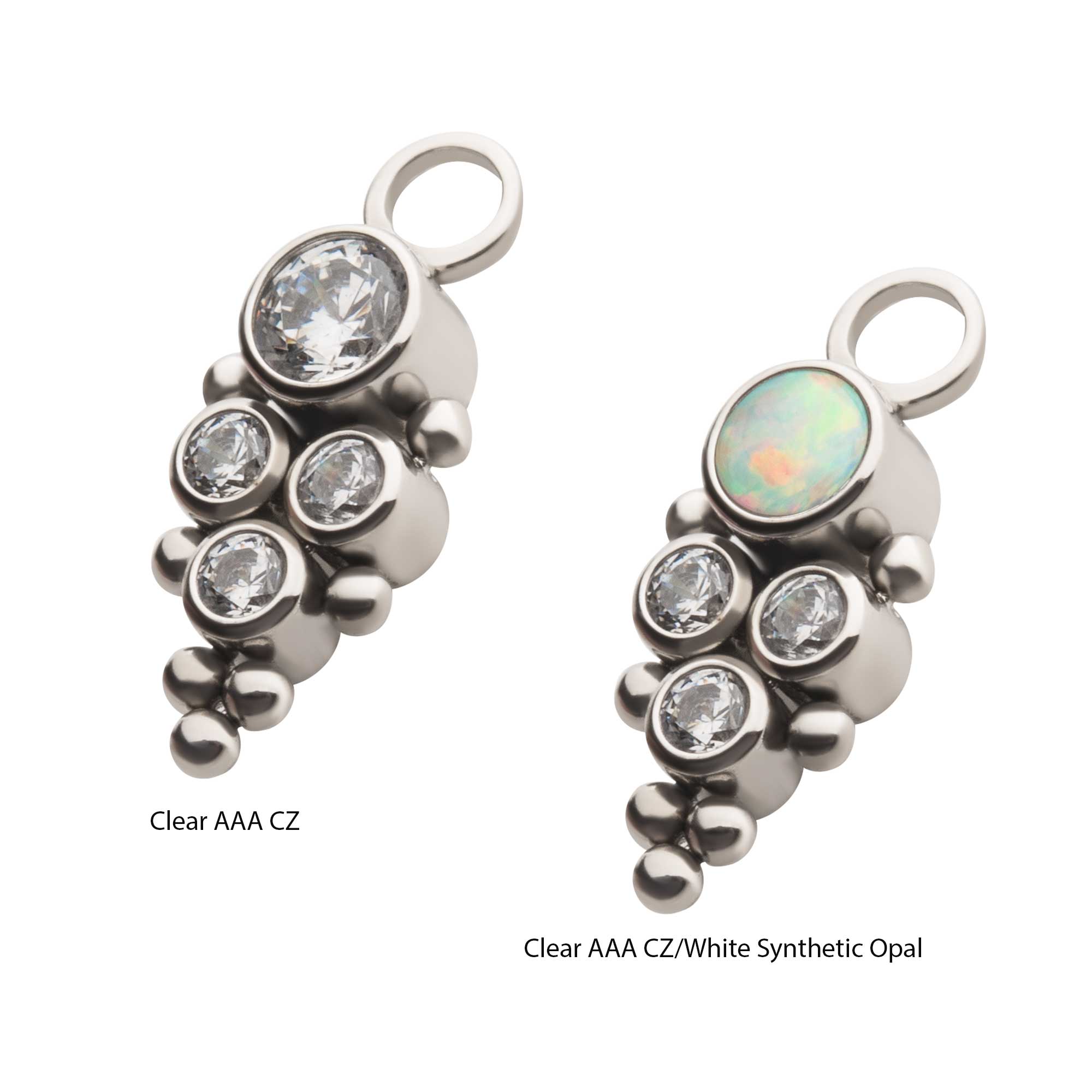 Titanium with Bezel Set CZ/Synthetic Opal & Trinity Ball Edge 4-Cluster Charm