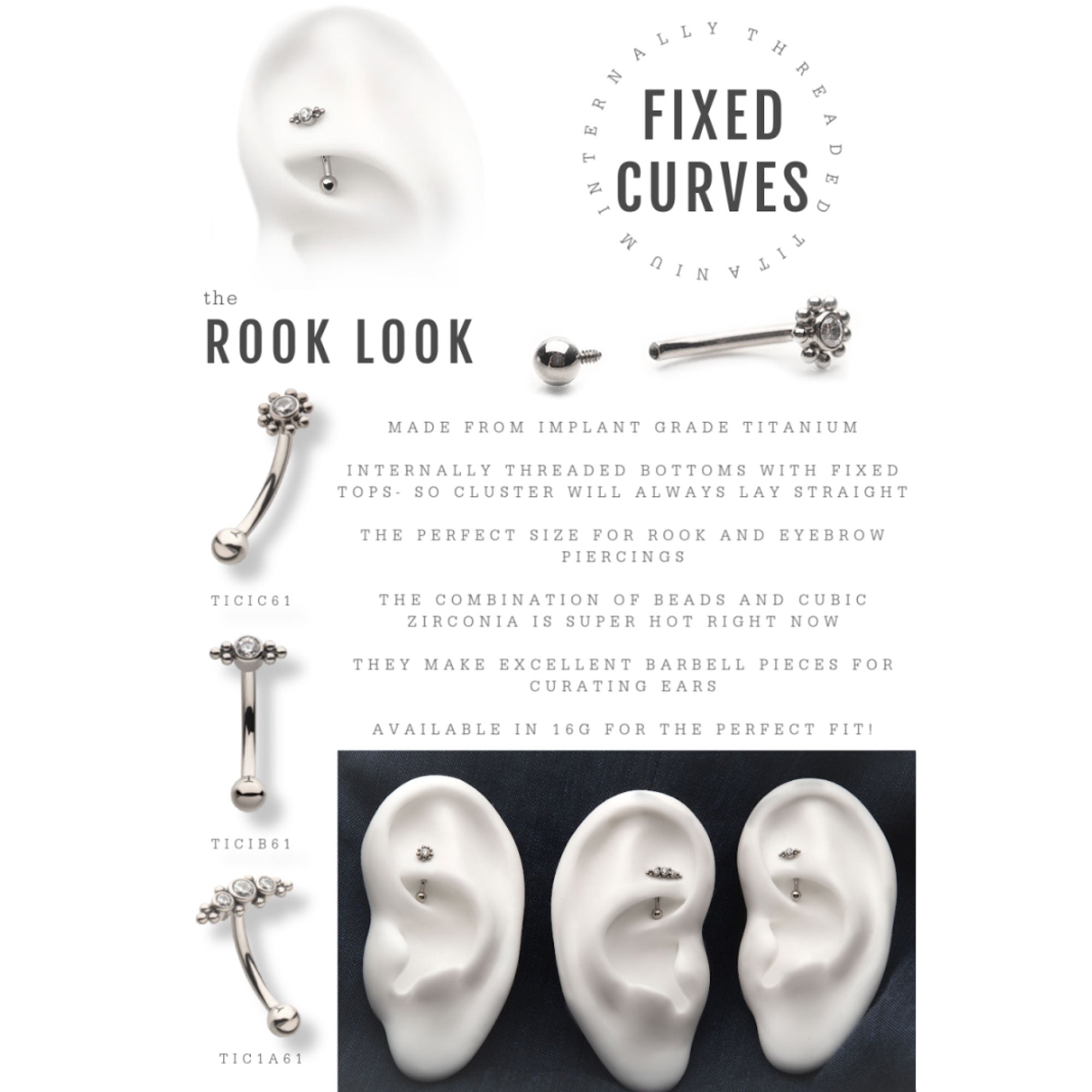 Titanium Internally Threaded Tri Bead Bezel CZ Cluster Curved Barbell