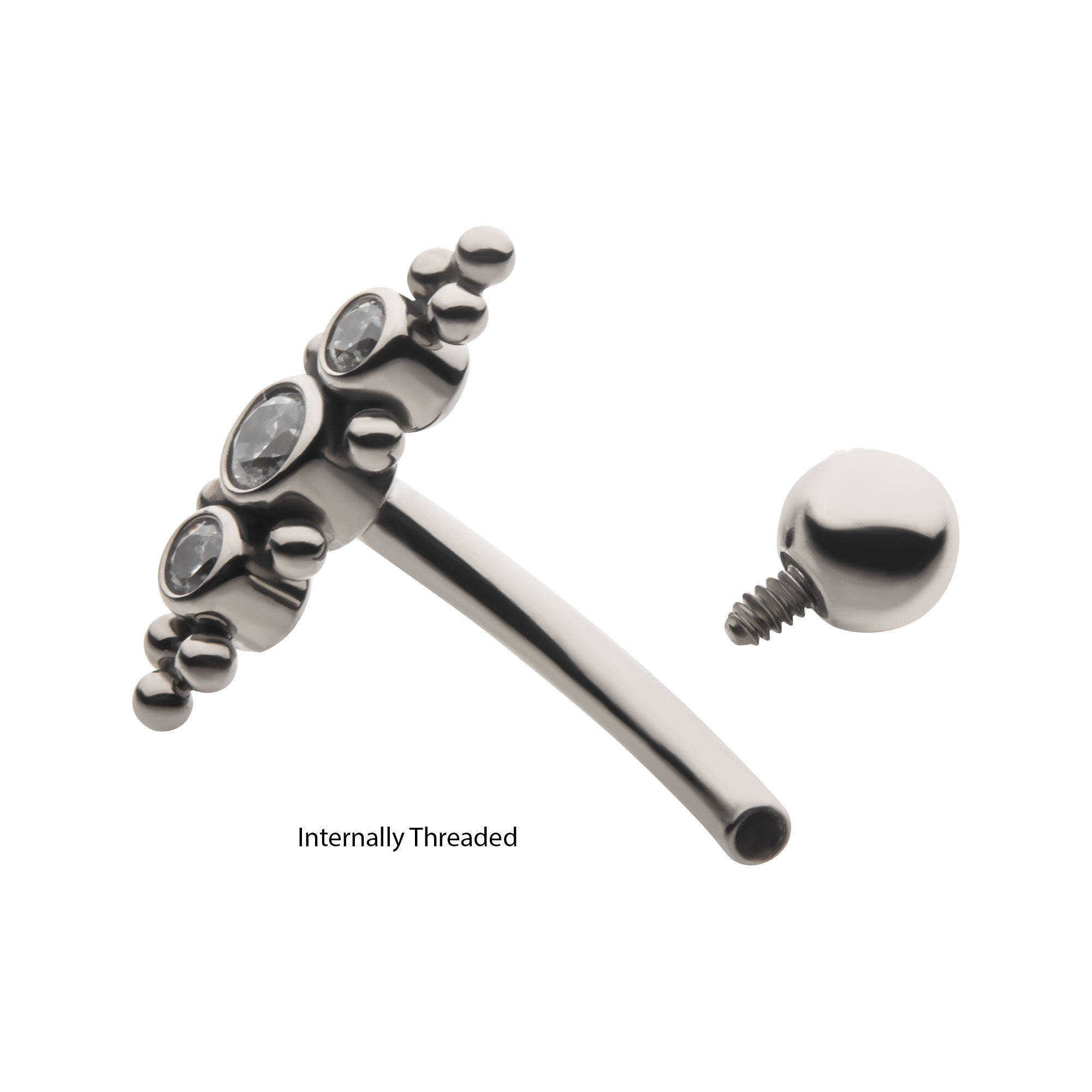 Titanium Internally Threaded Beaded Bezel CZ Triple Cluster Curved Barbell
