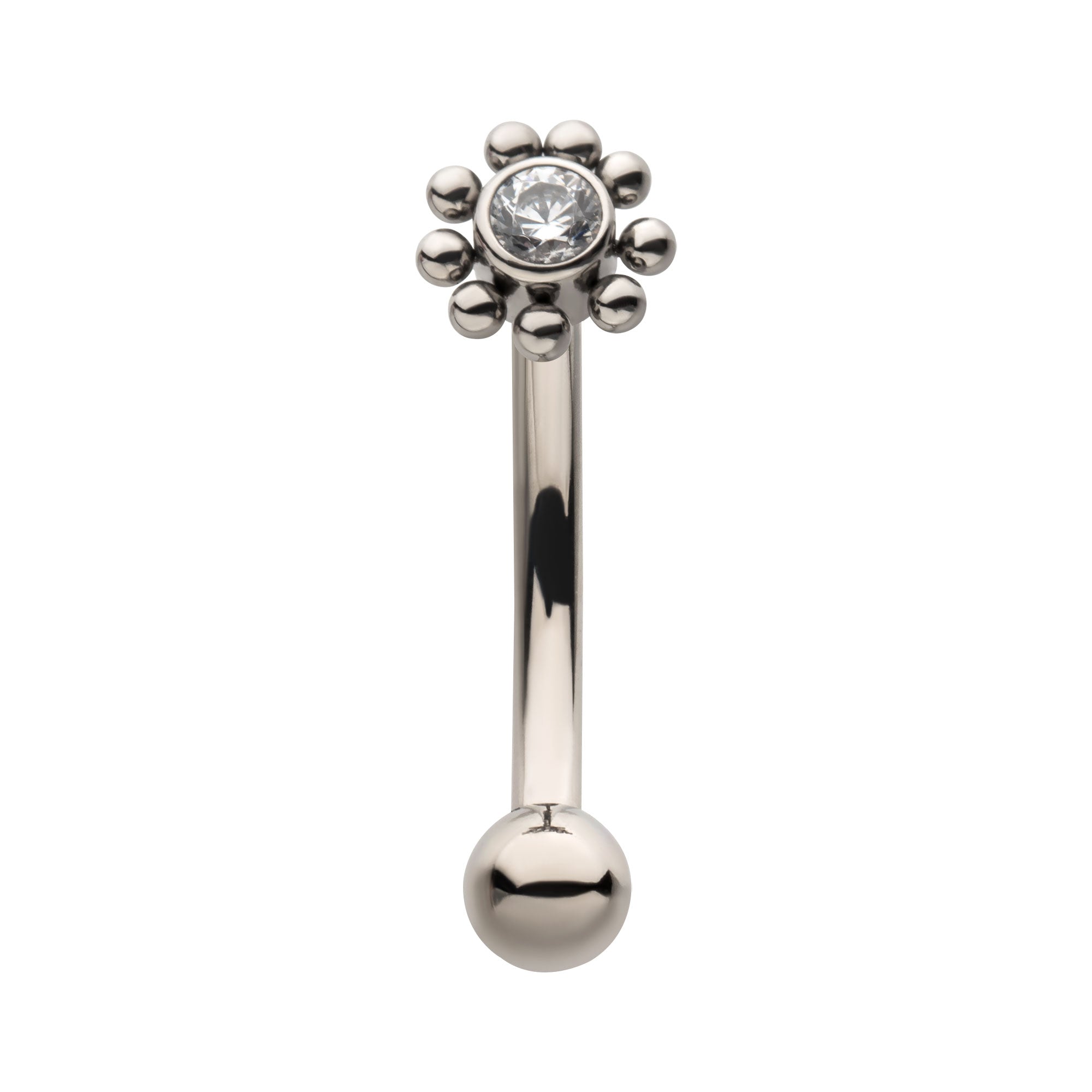 Titanium Internally Threaded Beaded Bezel CZ Flower Top Curved Barbell