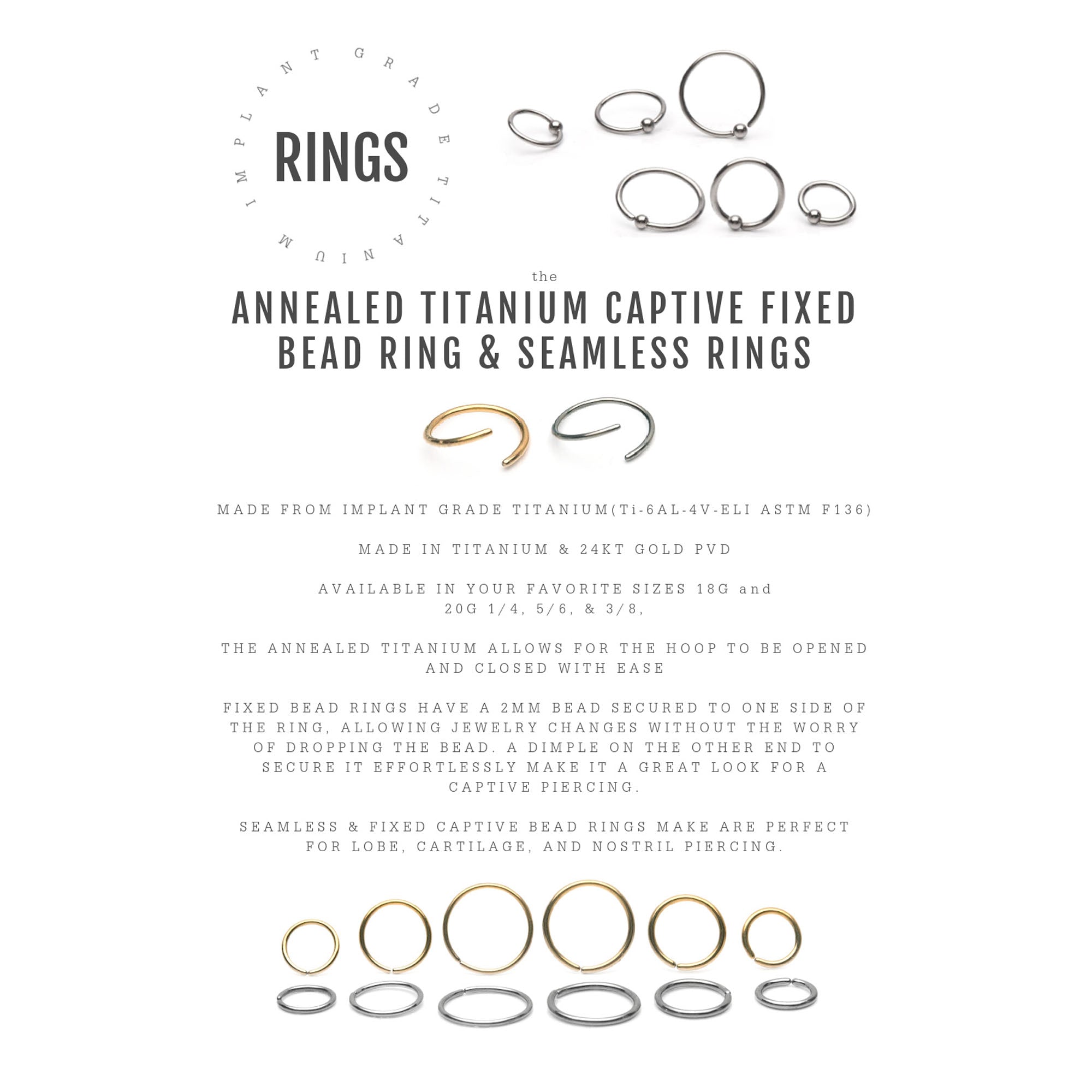 24KT Gold PVD Titanium Basic Captive Bead Ring