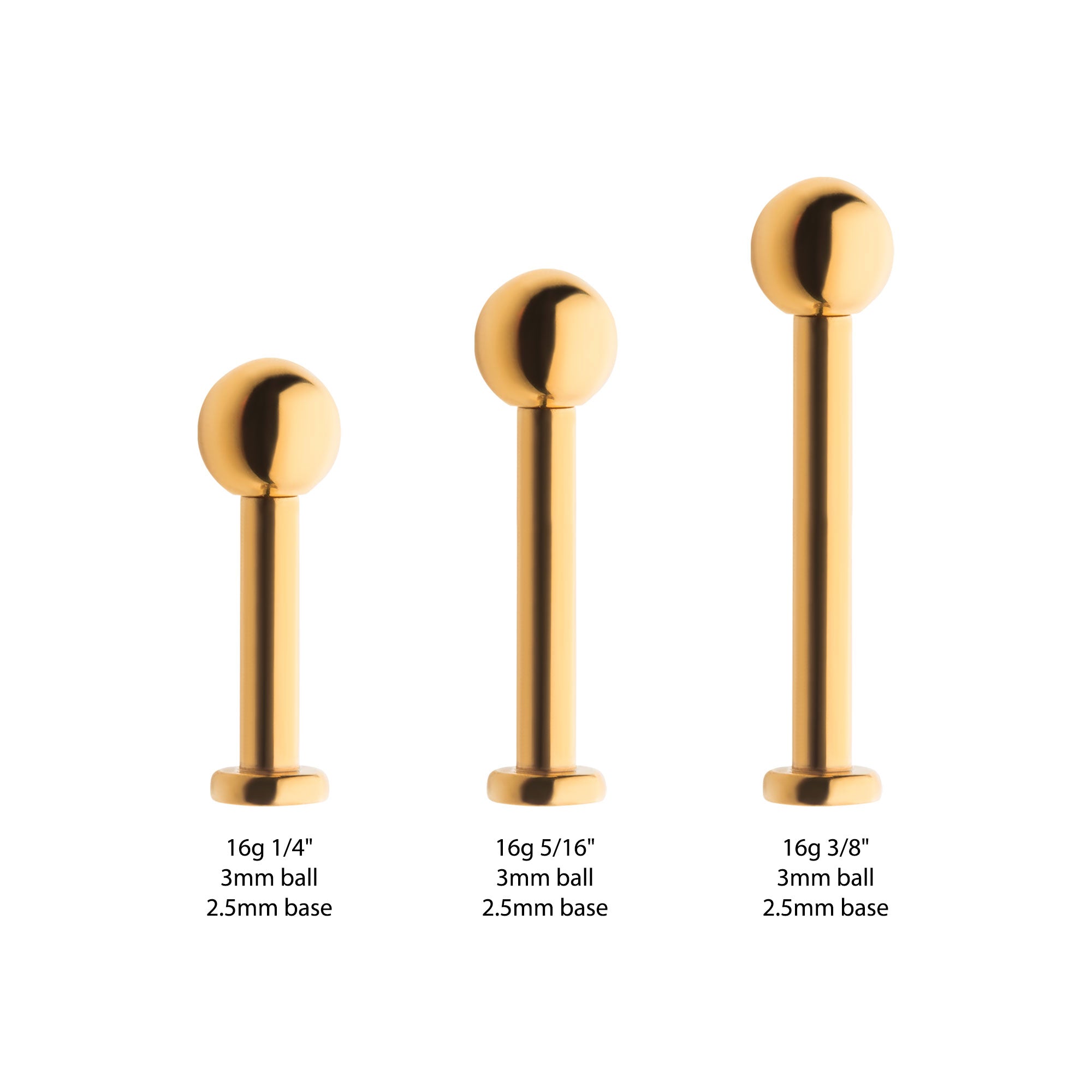 24KT Gold PVD Titanium Labret with 2.5mm Flat Base and 3mm Ball