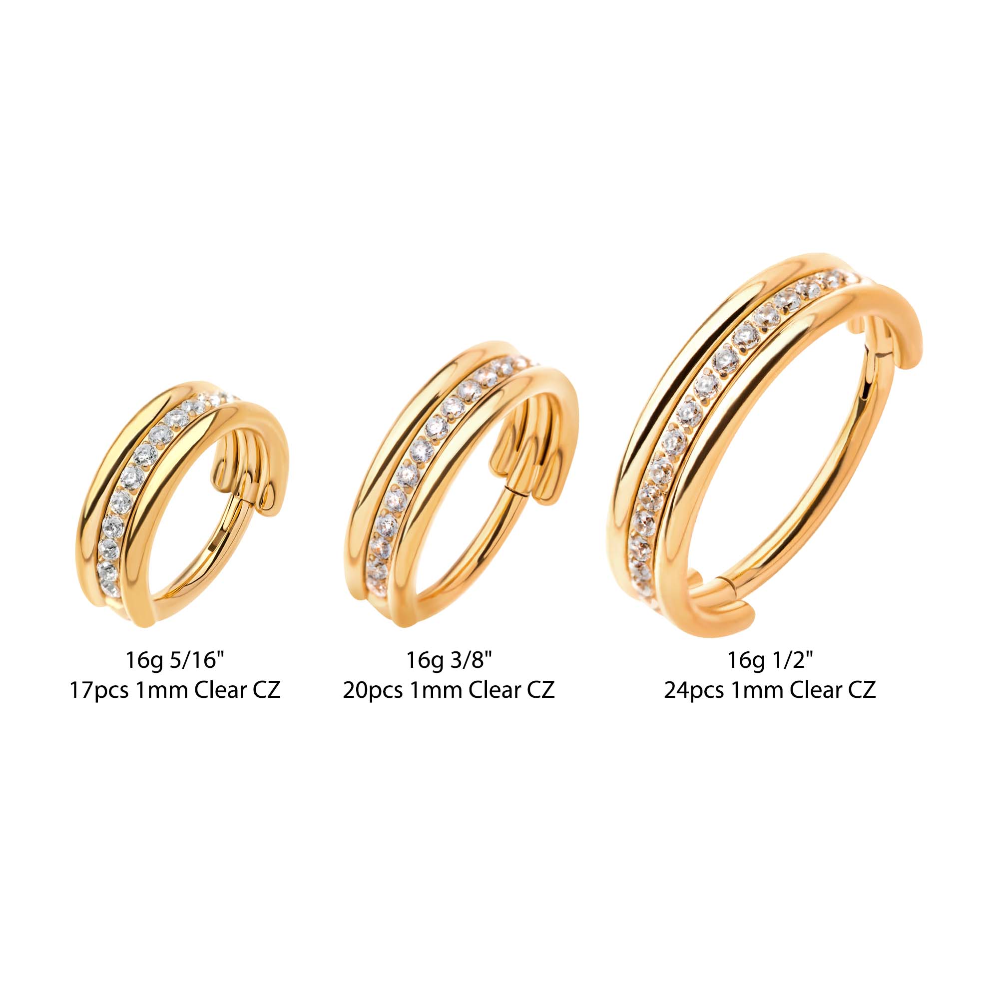 24Kt Gold PVD Titanium Triple Stacked Clear CZ Center Line Side Facing Hinged Segment Clicker