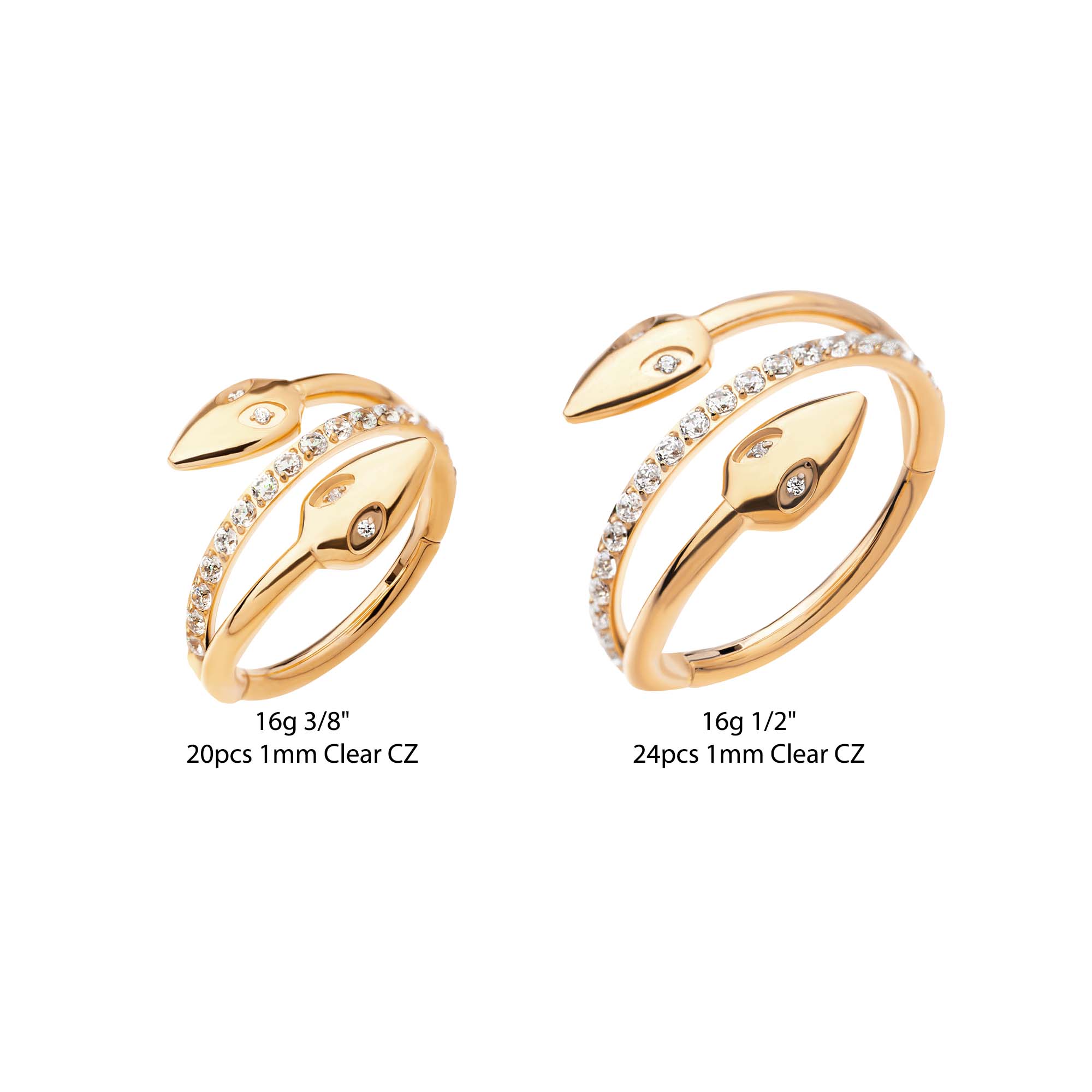 24Kt Gold PVD Titanium Twist Clear CZ Snake Head Side Facing Hinged Segment Clicker