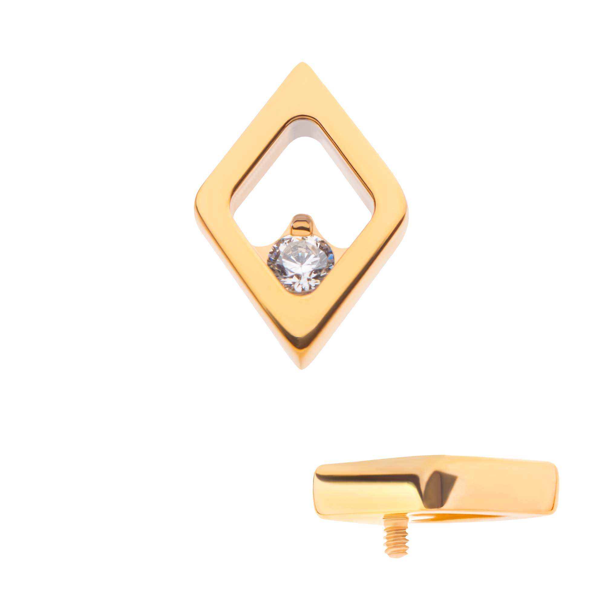 24Kt Gold PVD Titanium Internally Threaded Diamond Shape with Clear CZ Top