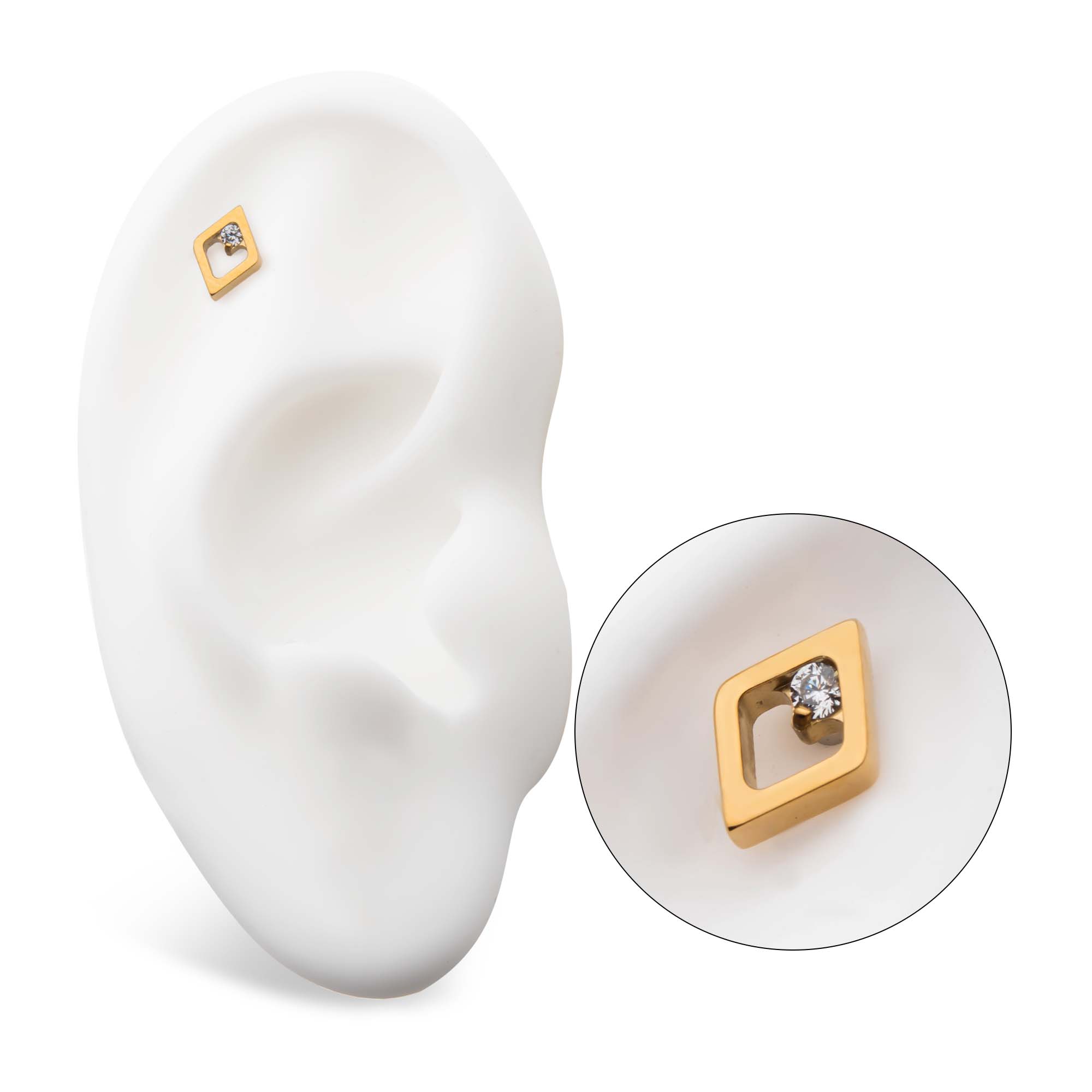 24Kt Gold PVD Titanium Internally Threaded Diamond Shape with Clear CZ Top