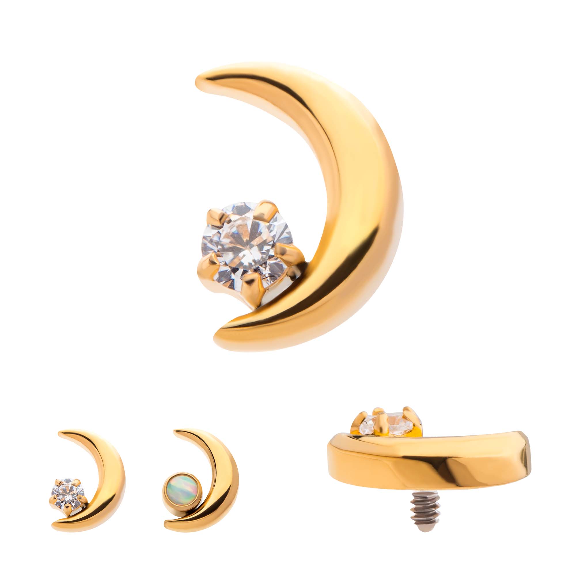24Kt Gold PVD Titanium Internally Threaded Crescent Moon with CZ/Opal Top