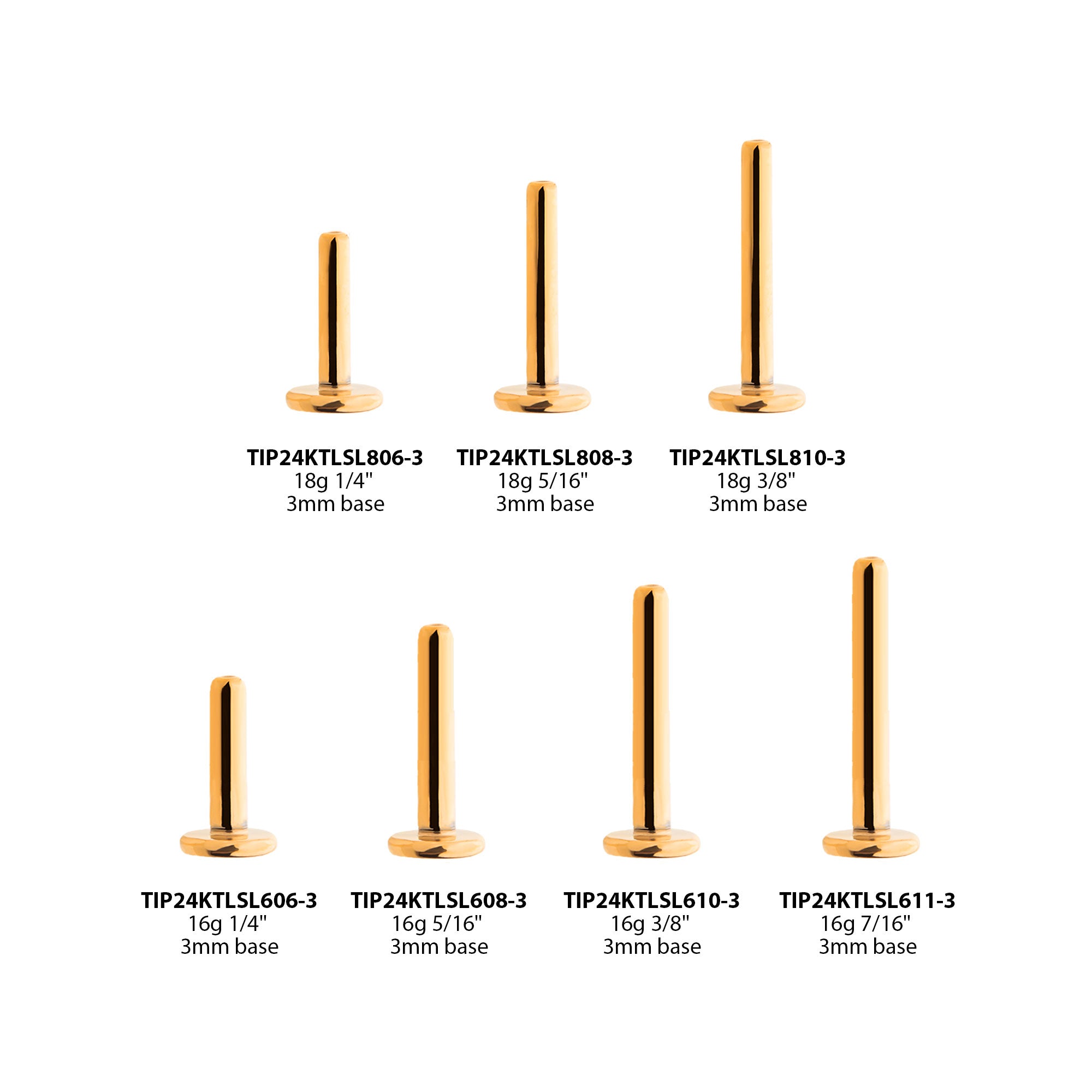 24KT Gold PVD Titanium Threadless Labret with 3mm Base