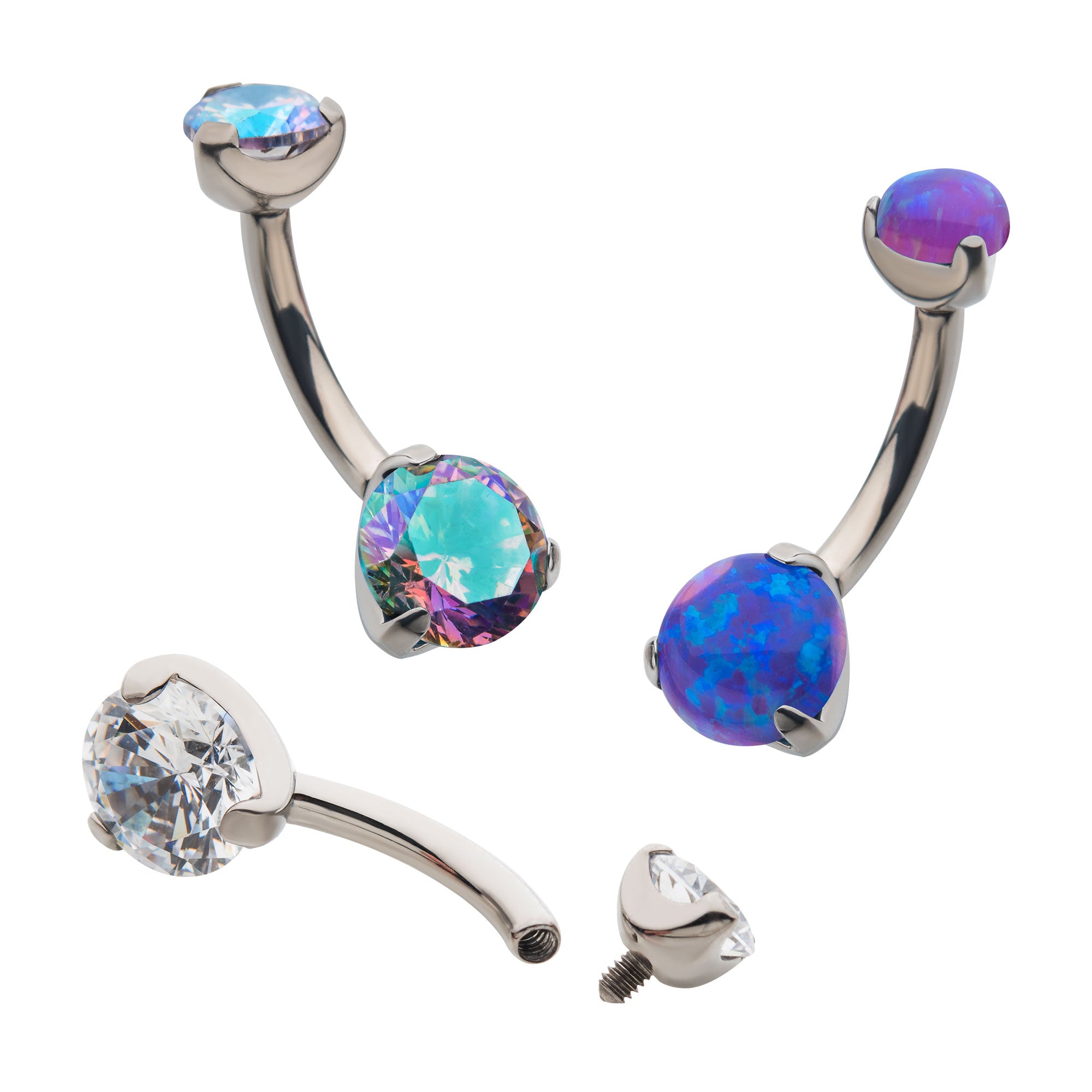 Titanium Internally Threaded with Prong Set Round AAA CZ/Synthetic Opal Fixed Navel