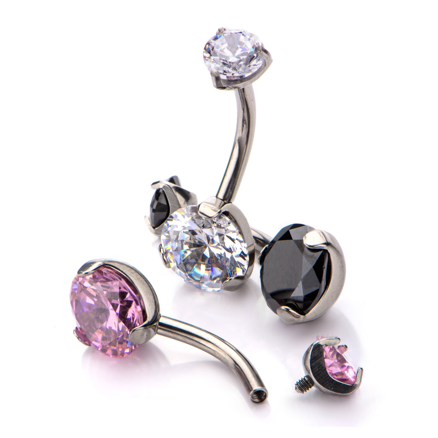 Titanium Internally Threaded with 3-Prong Set Double CZ Fixed Navel