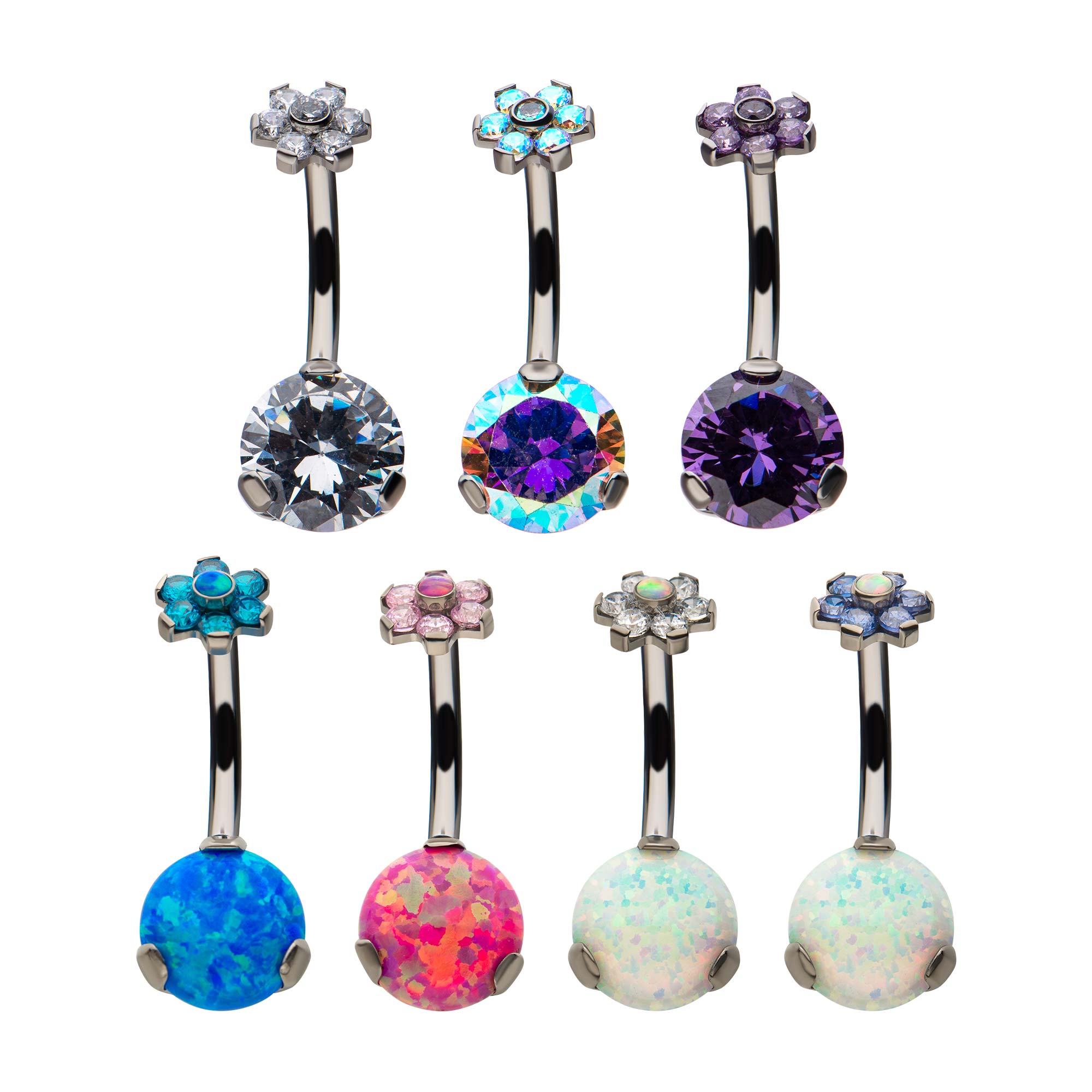 Titanium Internally Threaded with Prong Set AAA CZ & Synthetic Opal Flower Top and Round Bottom Fixed Navel