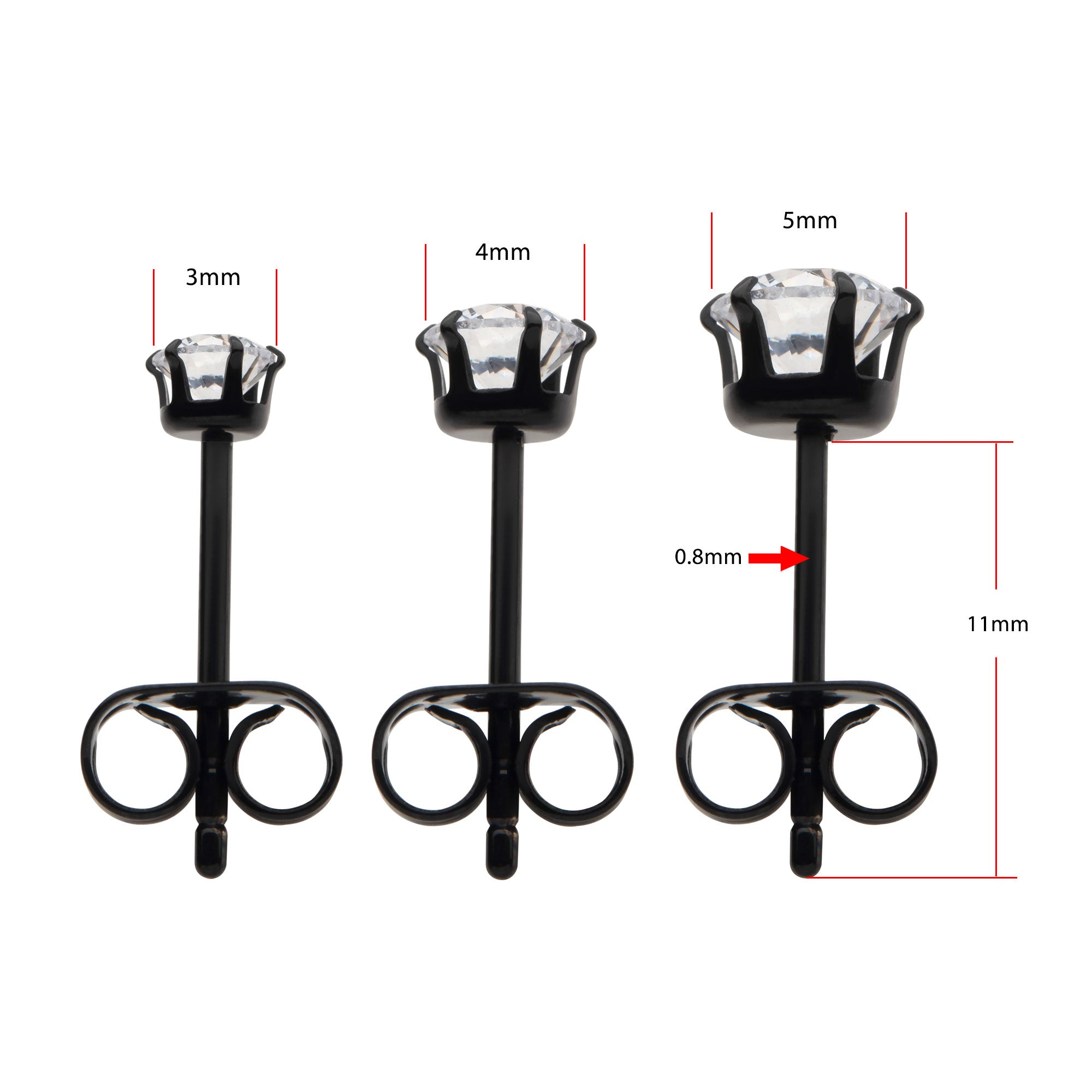 20g Black PVD Titanium Butterfly Back Prong Set CZ Stud Earrings