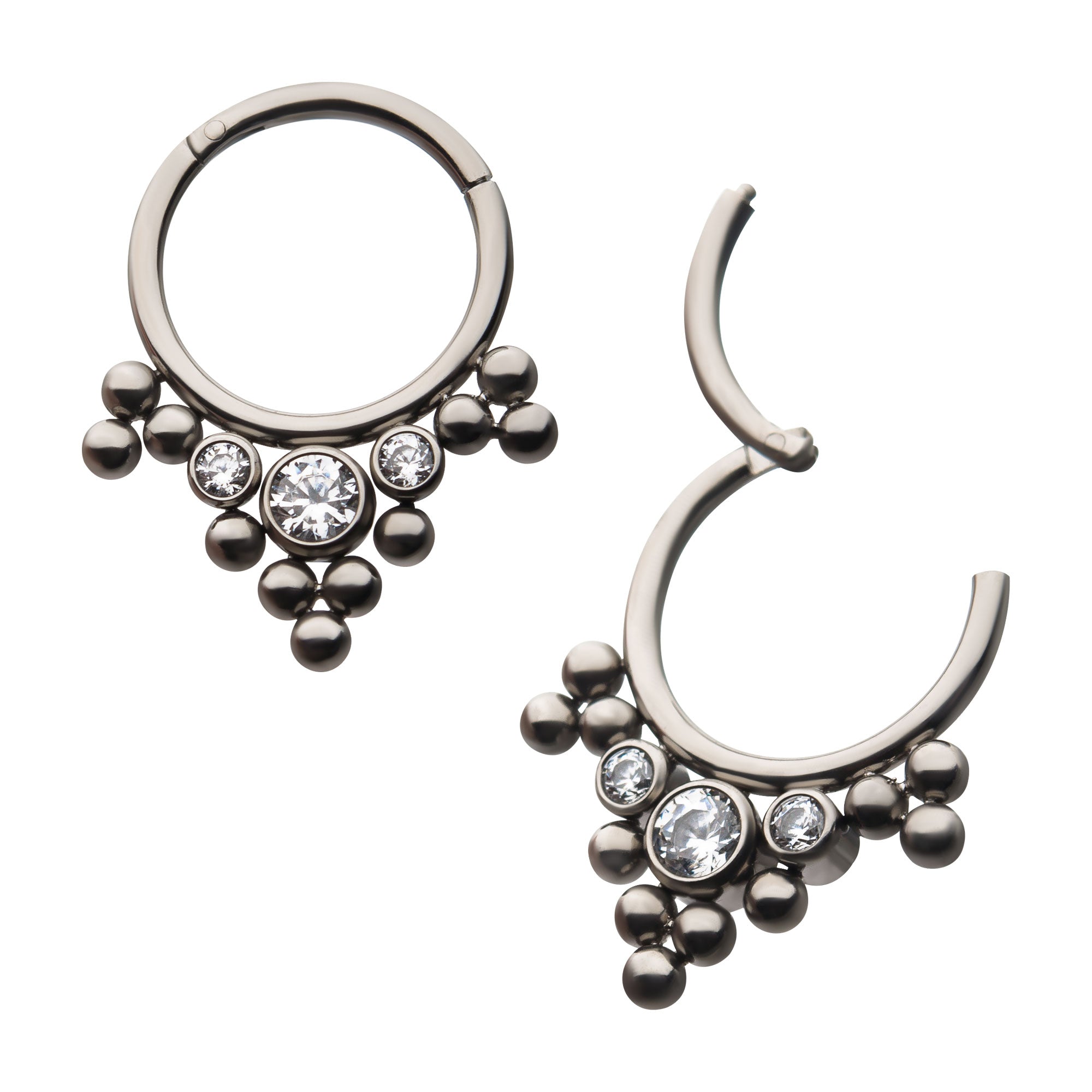 Titanium 3-Clear CZ Beaded Cluster Hinged Segment Clicker