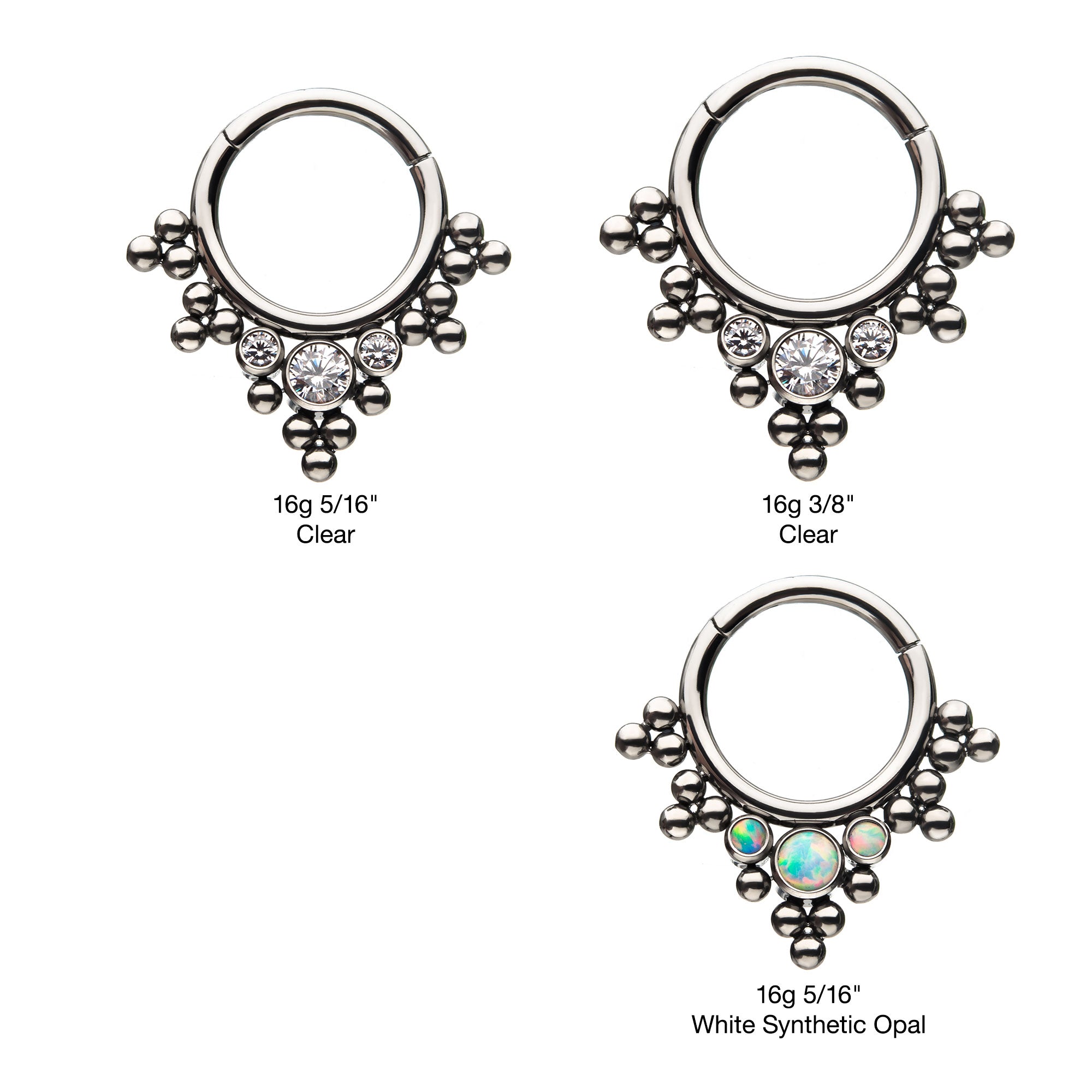 Titanium Triple Cluster Bezel CZ/Opal V-Shape Front Facing Hinged Segment Clicker