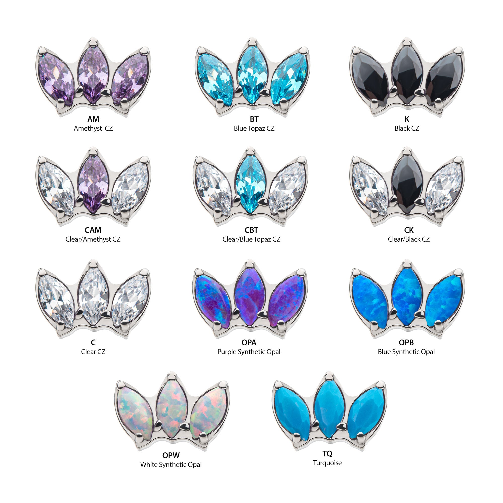 Titanium Internally Threaded with Triple Marquise CZ/Synthetic Opal Cluster Top