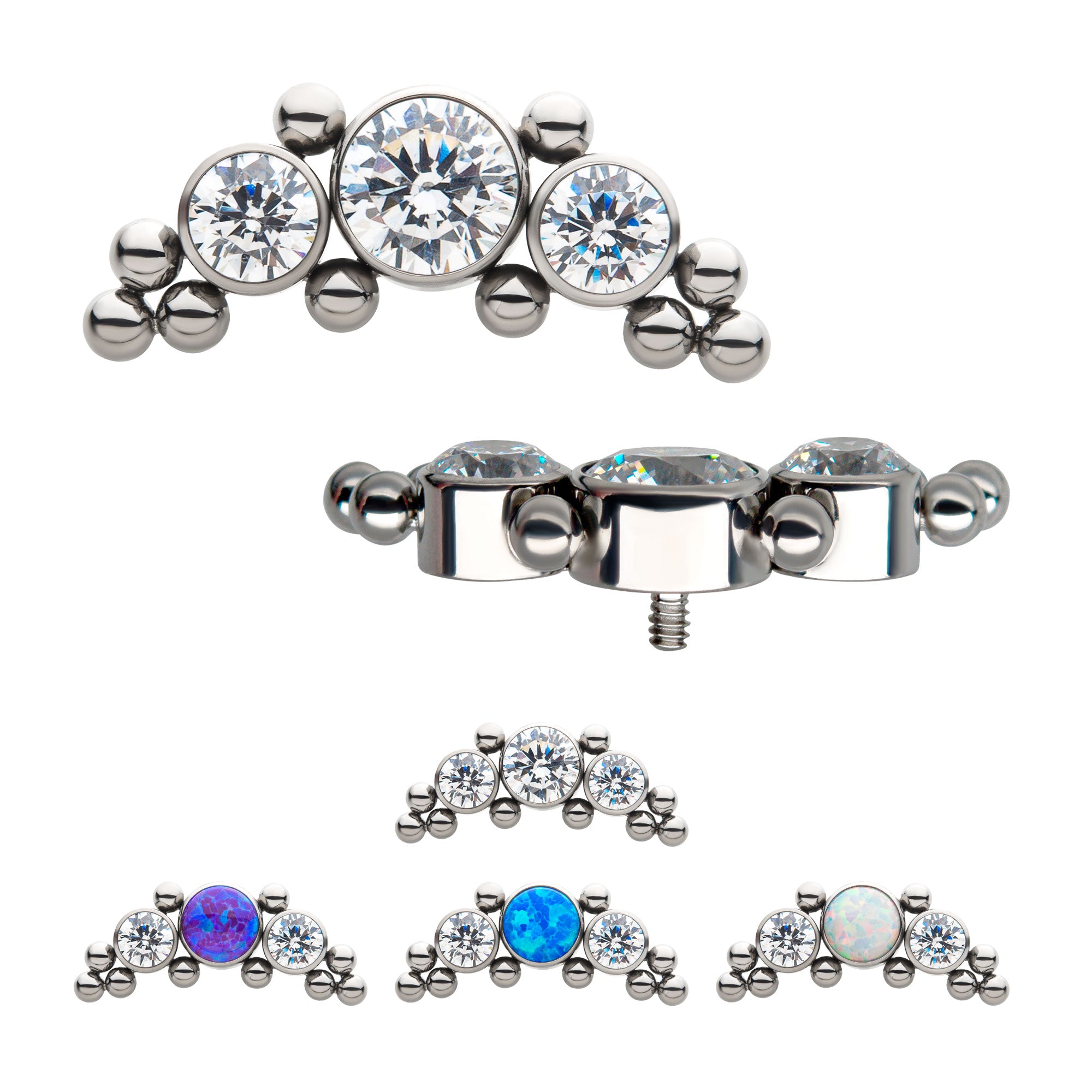 Titanium Internally Threaded with Beads and CZ/Synthetic Opal Trinity Cluster Top