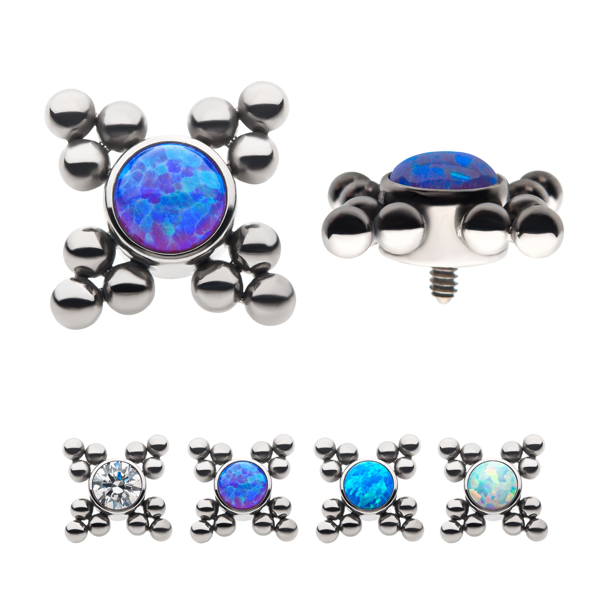 Titanium Internally Threaded with 1pc Bezel Set CZ/Synthetic Opal & 4 sets Trinity Balls Top