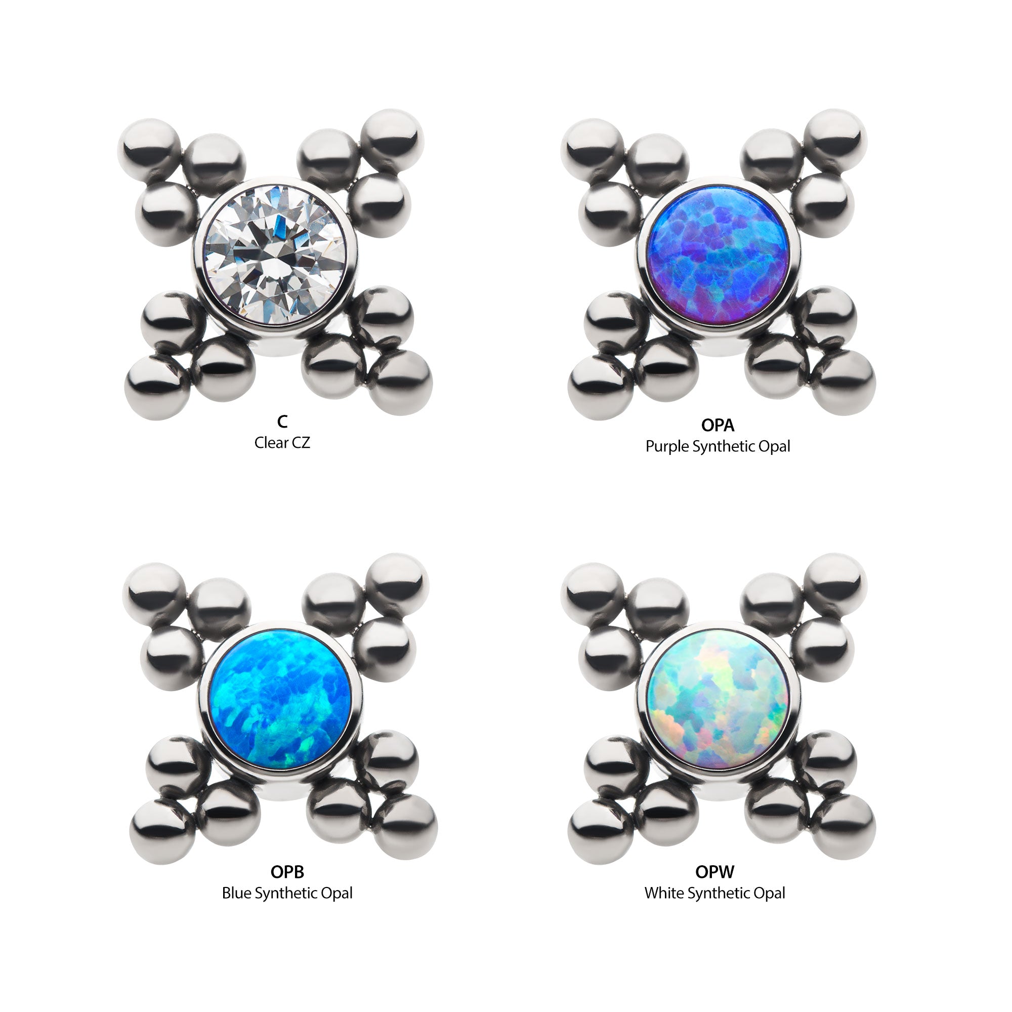 Titanium Internally Threaded with 1pc Bezel Set CZ/Synthetic Opal & 4 sets Trinity Balls Top