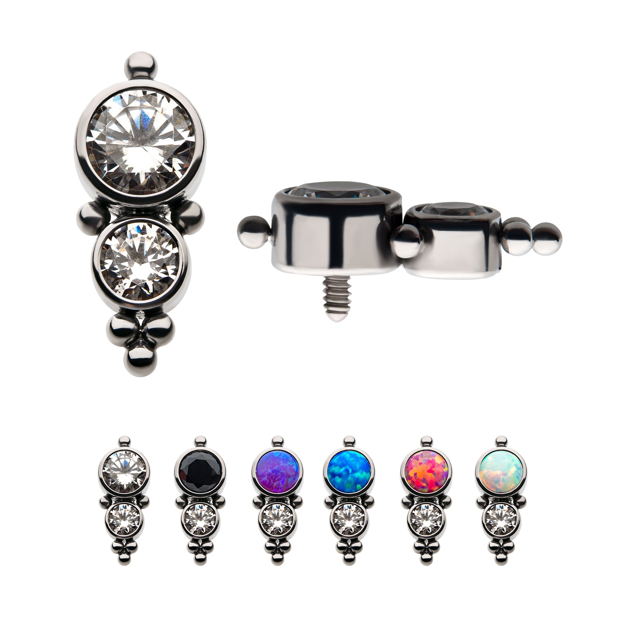 Titanium Internally Threaded with 2pcs Synthetic Opal/AAA CZ/Swarovski Zirconia & Beads Cluster Top