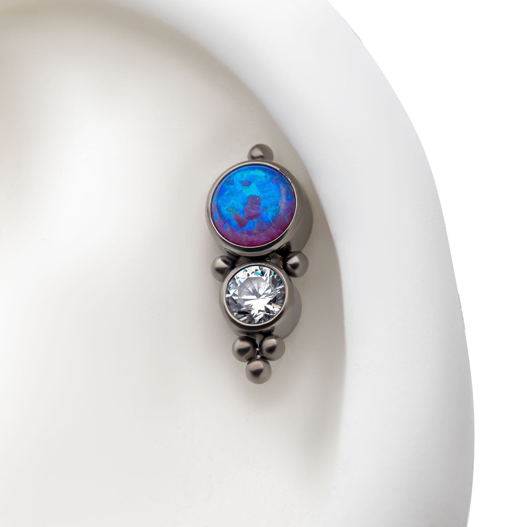 Titanium Internally Threaded with 2pcs Synthetic Opal/AAA CZ/Swarovski Zirconia & Beads Cluster Top