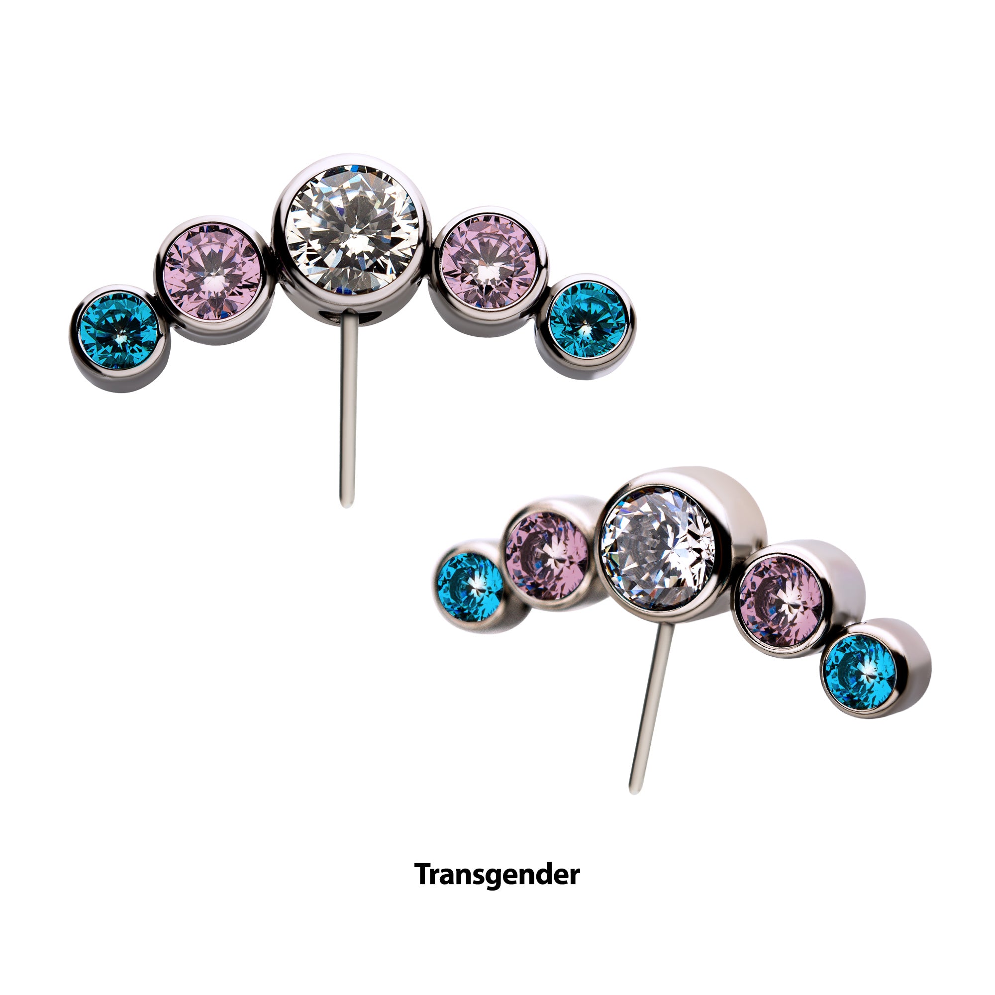 Titanium Threadless Bi-Trans-Pan Bezel Set CZ 3-Cluster Side Facing Top Ruby Pink|Amethyst|Burman Blue