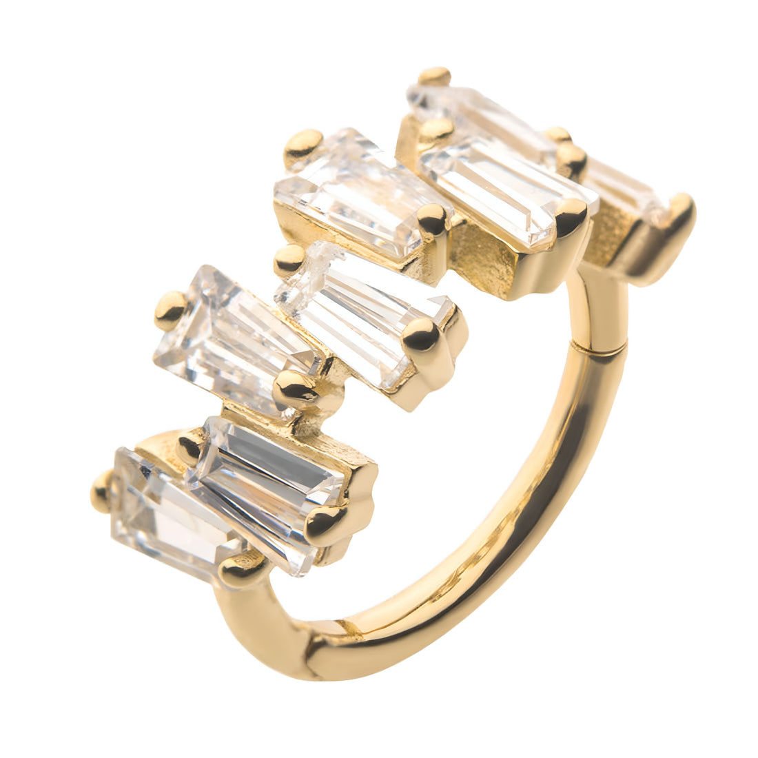 14Kt Yellow Gold with Prong Set 8pcs Tapered Baguette Clear CZ Cluster Side Facing Hinged Segment Clicker