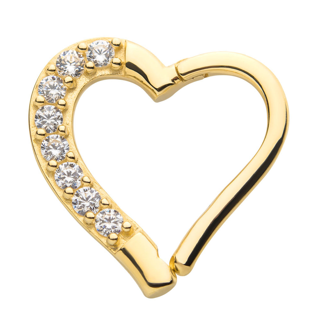 14kt Gold Prong Clear CZ Heart Front Facing Hinged Segment Clicker (For Right Ear)